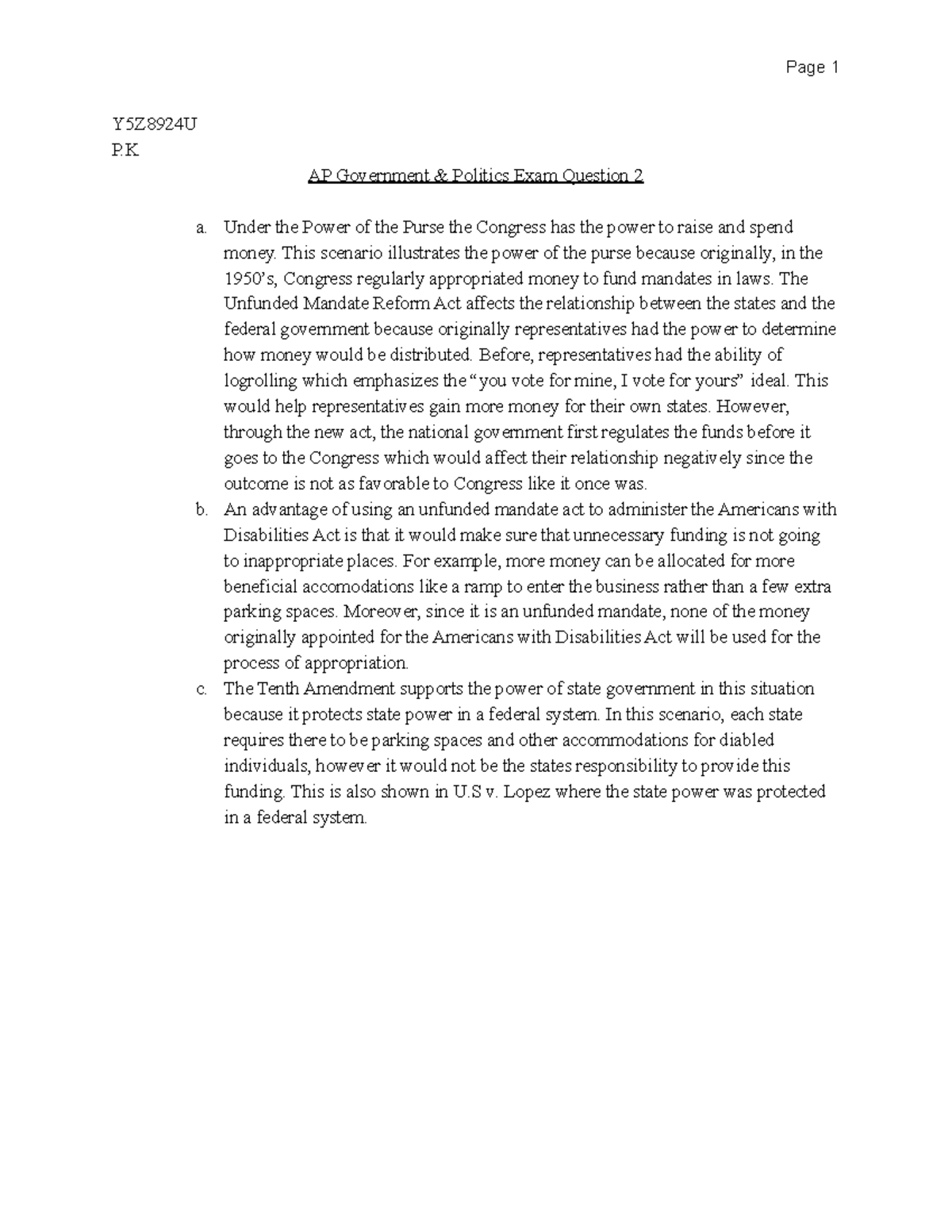 Government - Exam Prep Questions - Page 1 Y5Z8924U P AP Government ...