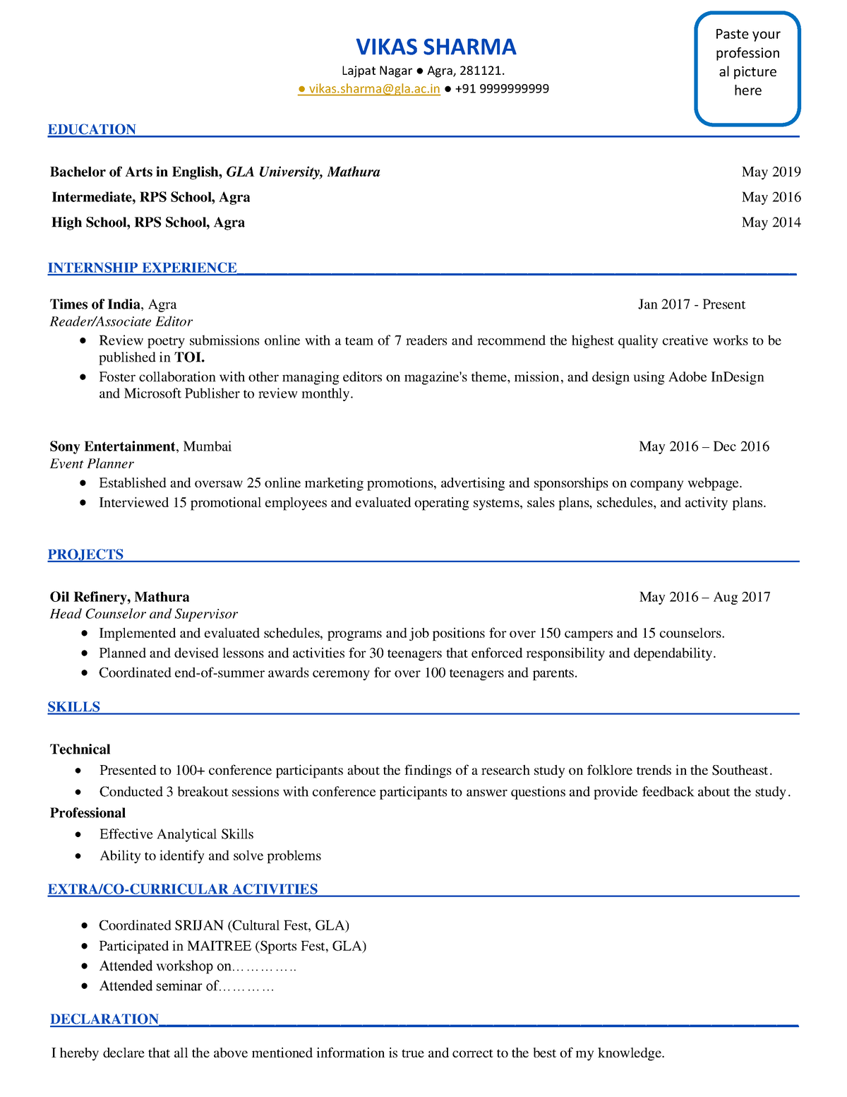 GLA Resume Format - VIKAS SHARMA Lajpat Nagar Agra, 281121. vikas@gla ...