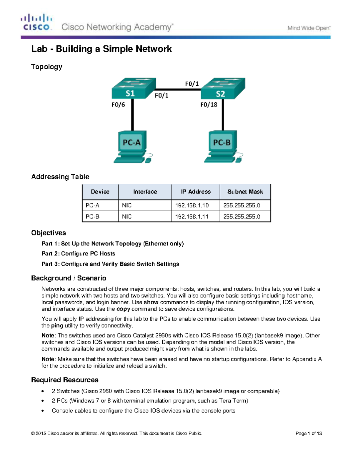 2.3.3.3 Lab - Building a Simple Network - Topology Addressing Table ...