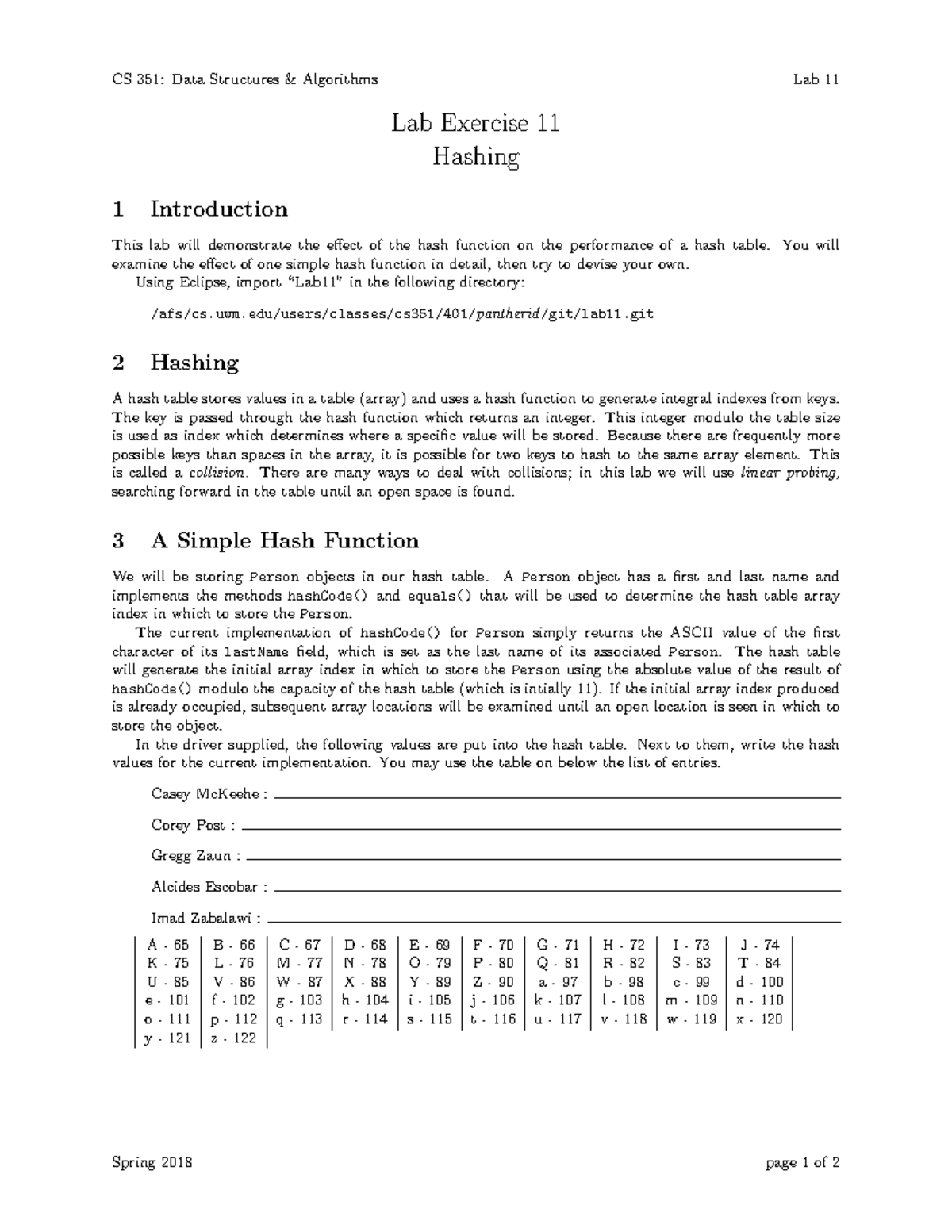 Lab 11 For Cs 351 Data Structures And Algorithms For Spring 2018 Cs 351 Data Structures Lab 11 For Cs 351 Data Structures And Algorithms For Spring 2018 Cs 351 Data Structures