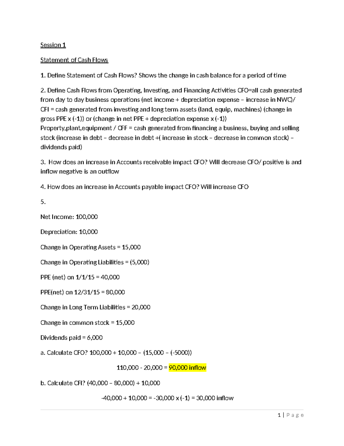 Practice test with corrections - Session 1 Statement of Cash Flows 1 ...