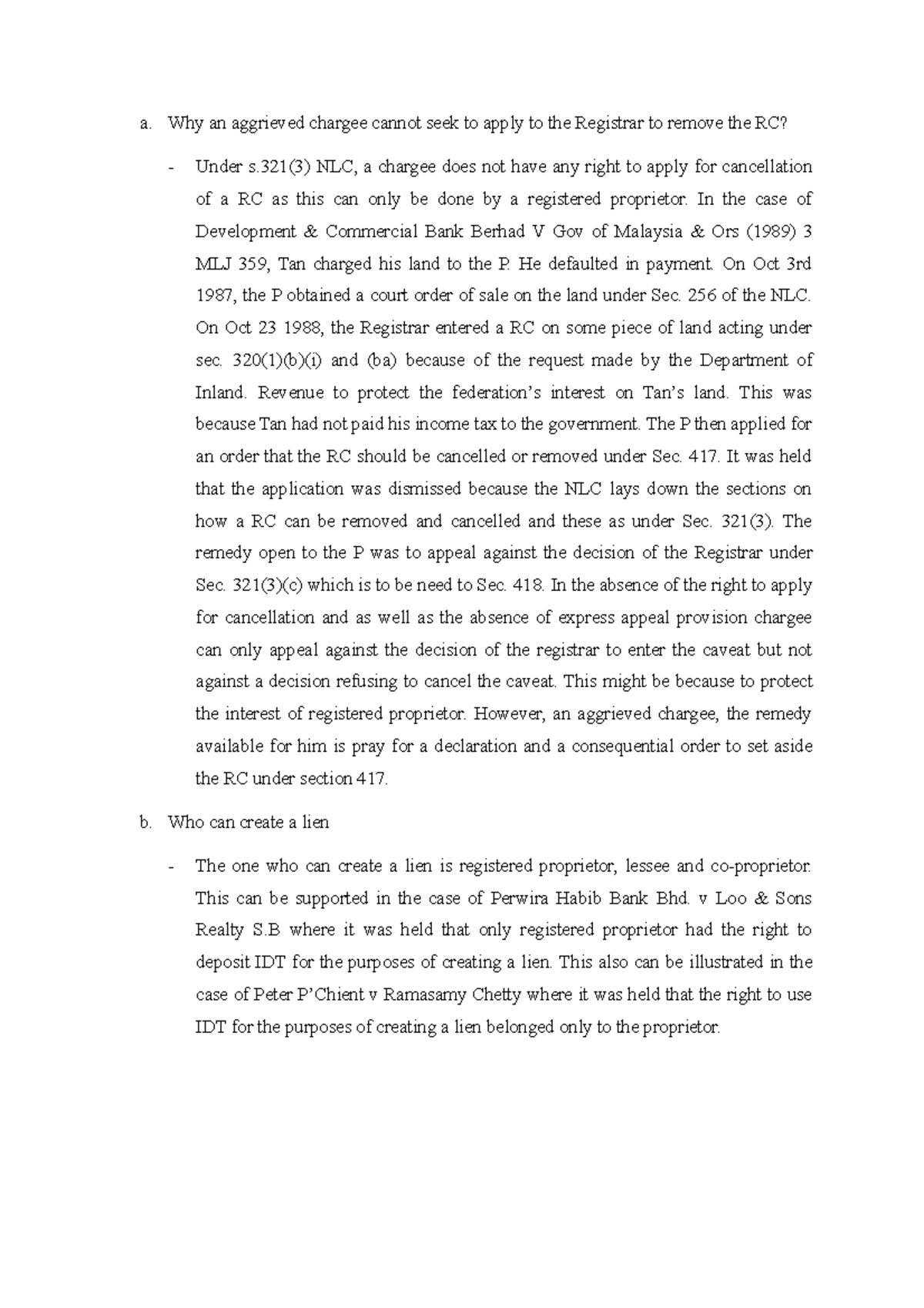 Land Tutorial LHC and RC - a. Why an aggrieved chargee cannot seek to ...