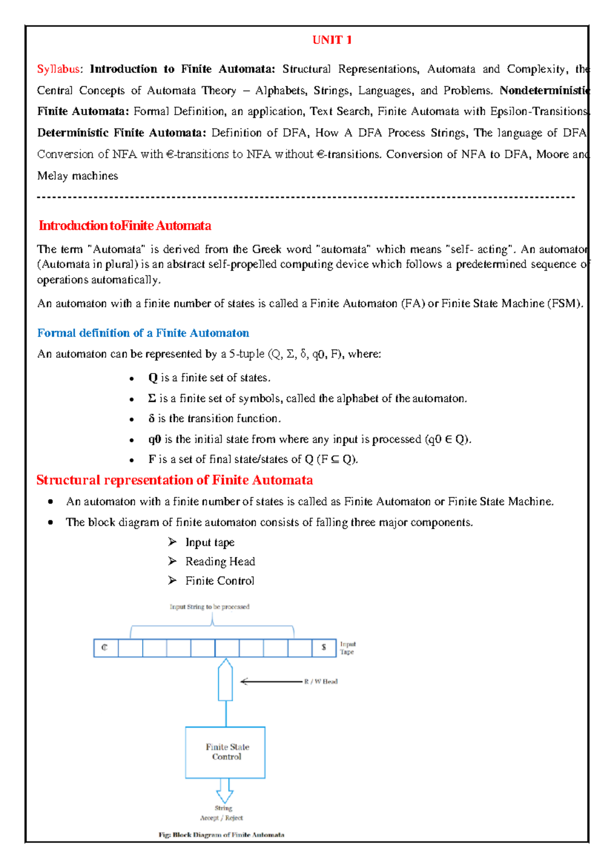 FLAT UNIT 1 Notes - UNIT 1 Syllabus: Introduction To Finite Automata ...