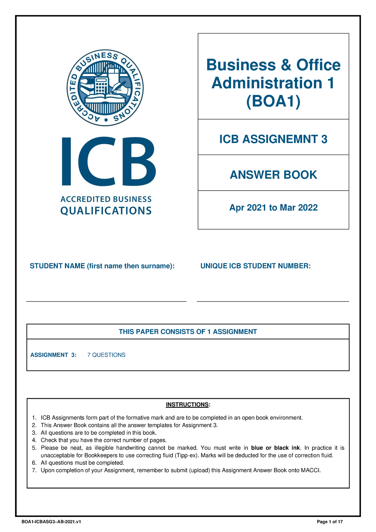 BOA1-ICB Assignment 3-AB-2021 - Business & Office Administration 1  (BOA1) ICB ASSIGNEMNT 3 - Studocu