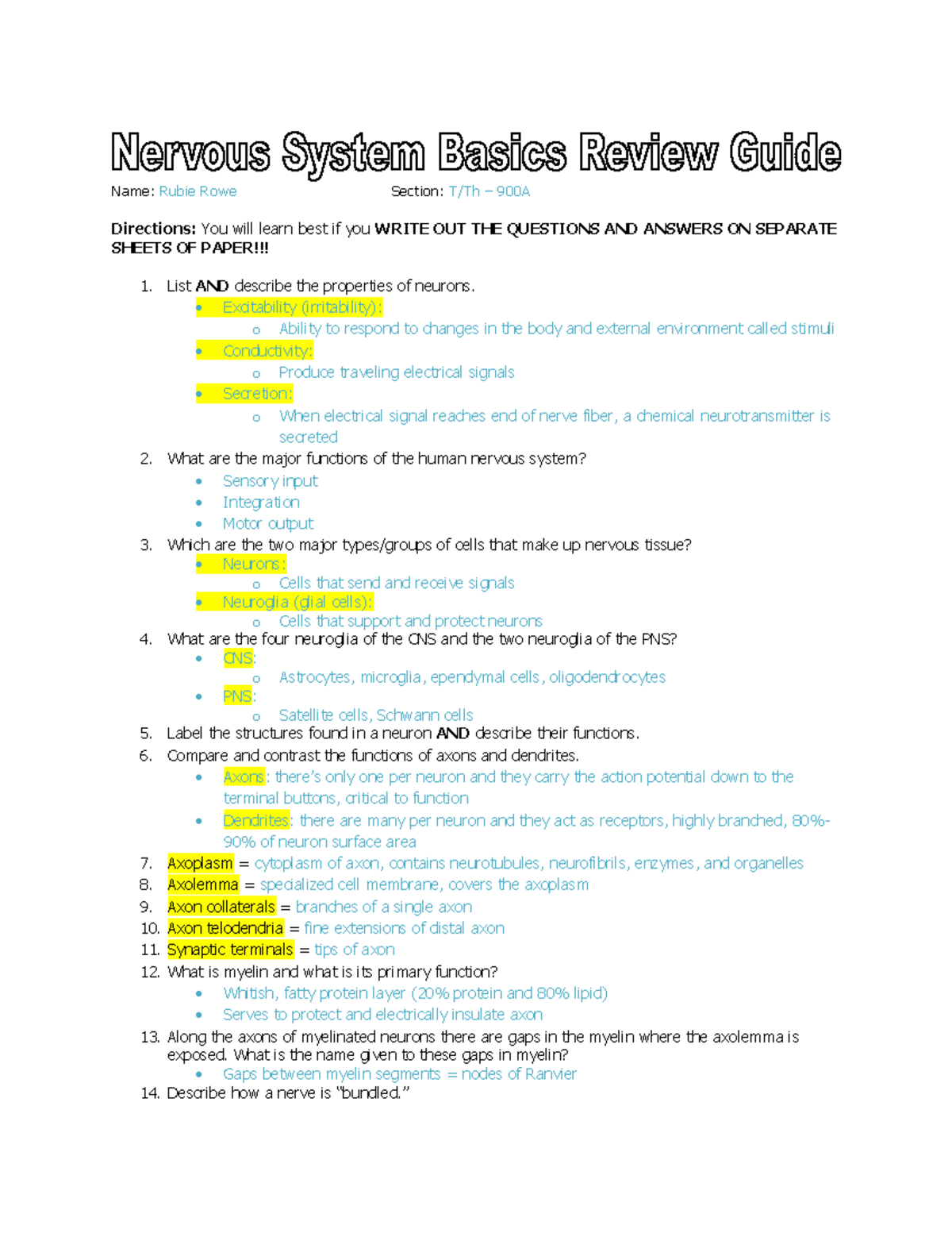 15 (10) Nervous System Basics Review Guide - Name: Rubie Rowe Section ...
