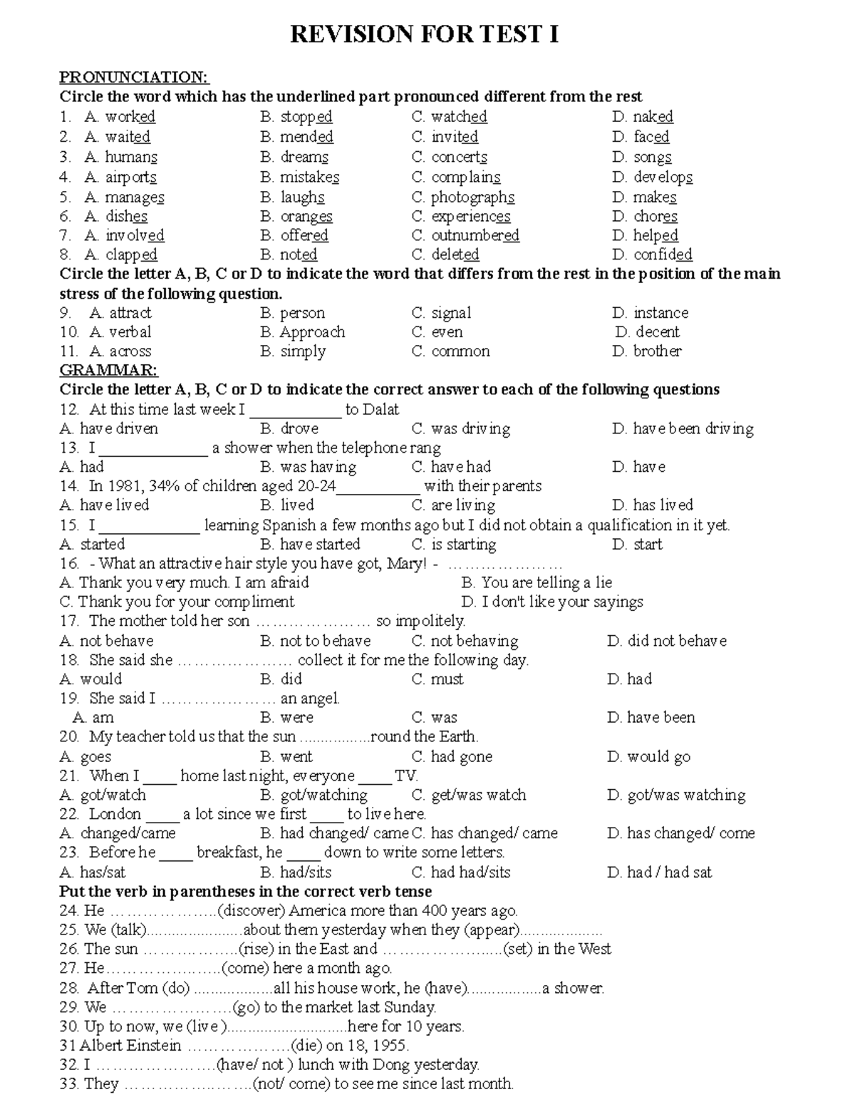 Revision FOR TEST I - 12 (19-20) - REVISION FOR TEST I PRONUNCIATION ...