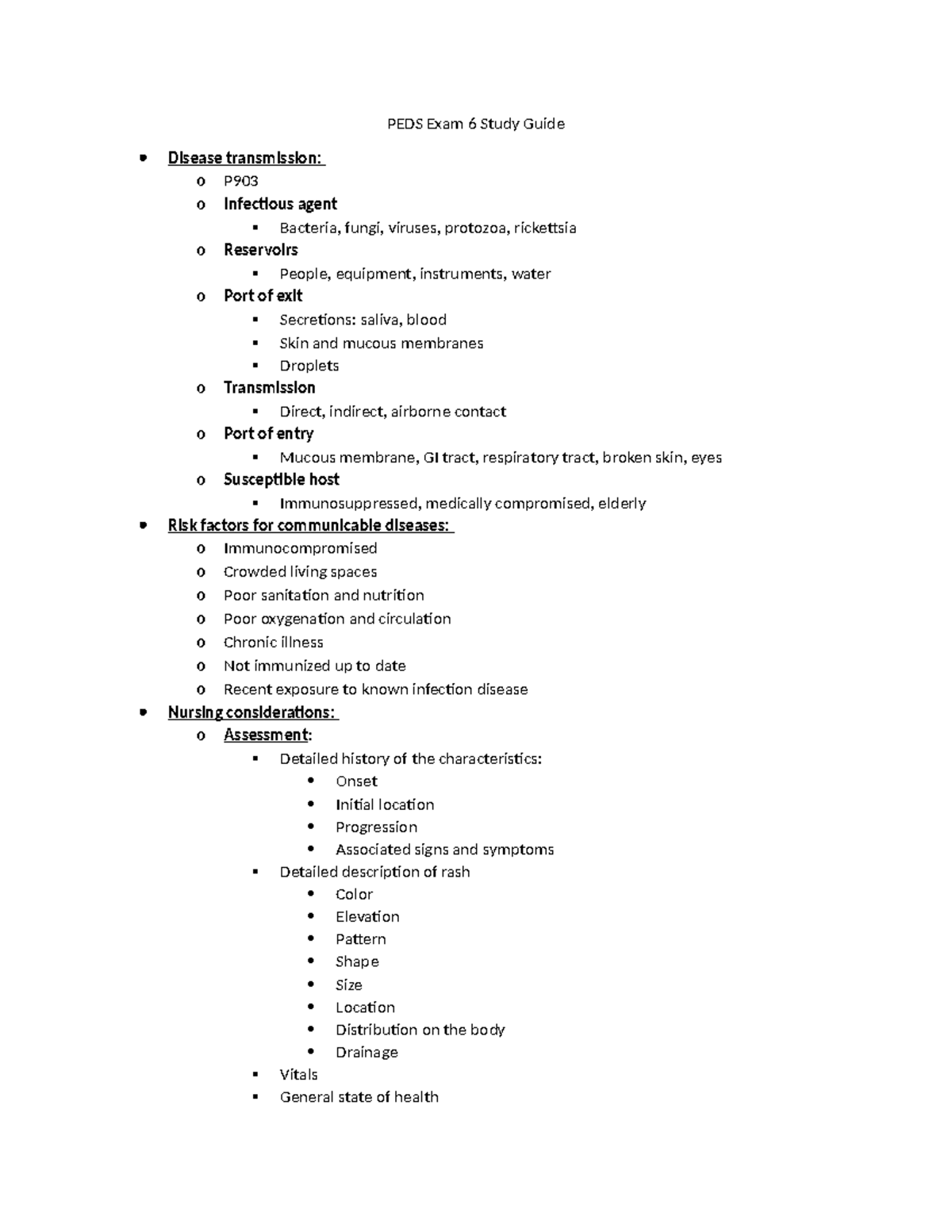 PEDS Exam 6 Study Guide - PEDS Exam 6 Study Guide Disease transmission ...