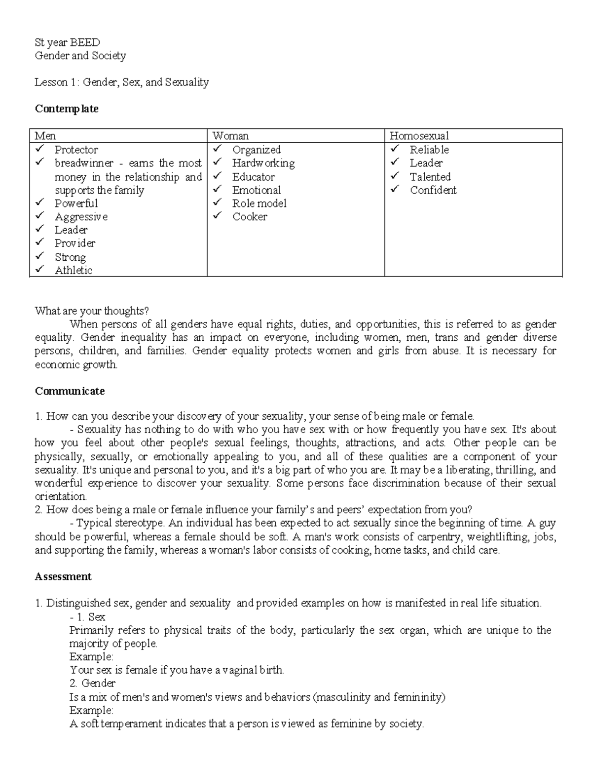 Anna gender and society 1 - St year BEED Gender and Society Lesson 1 ...