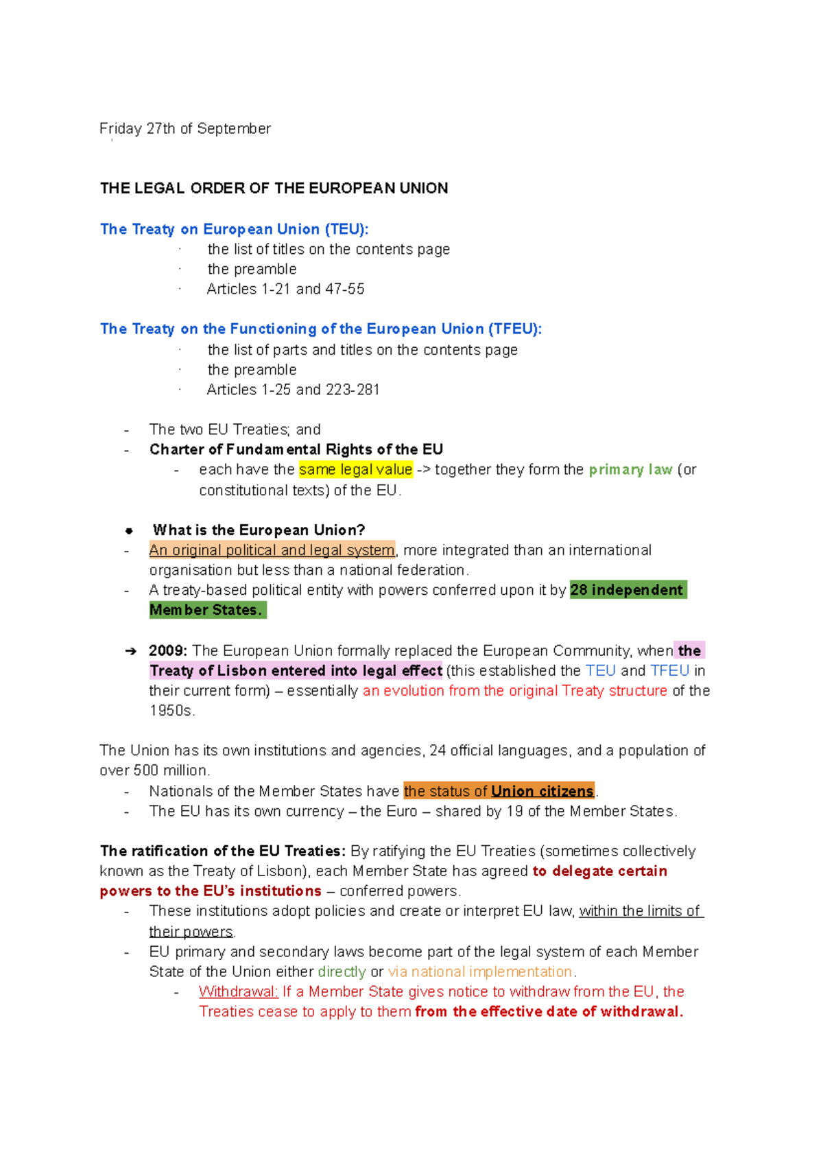 European Law Introduction - Friday 27th of September THE LEGAL ORDER OF ...