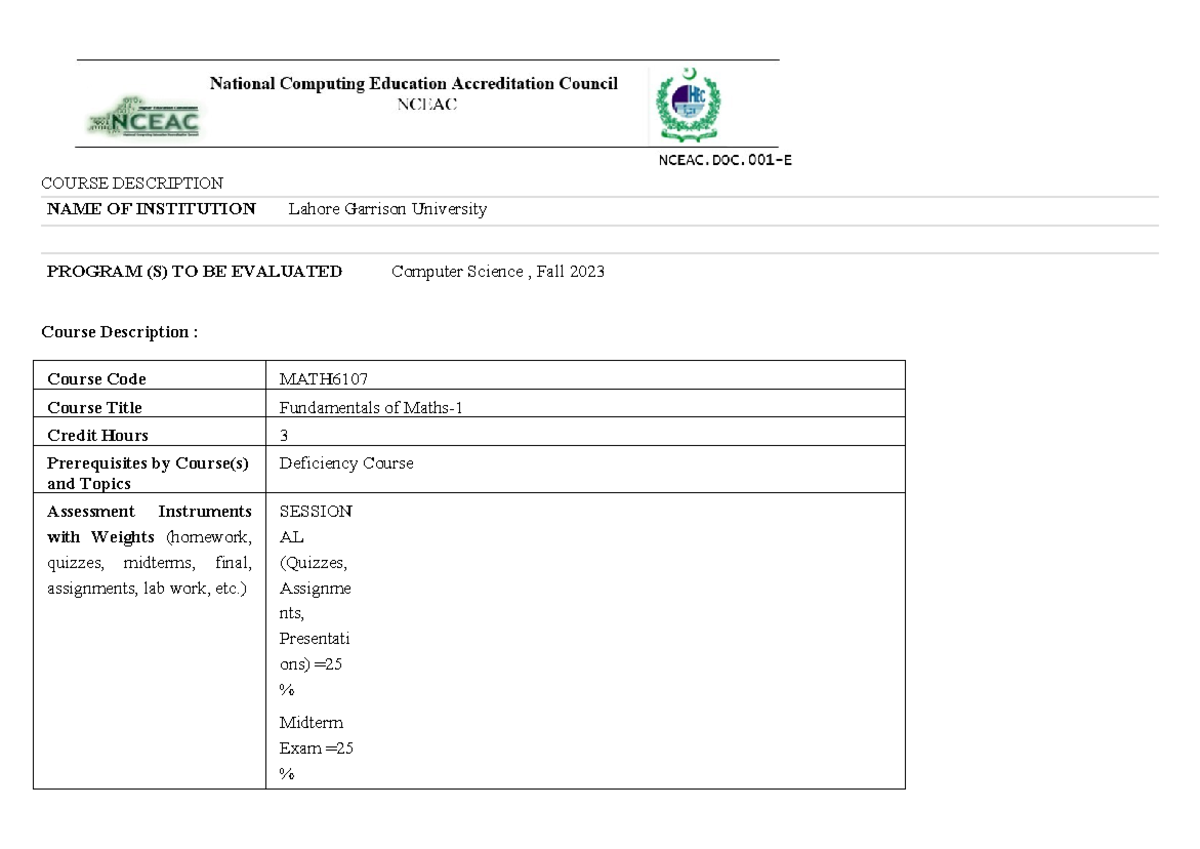 Course outline Maths - Summary Mathematics - COURSE DESCRIPTION NAME OF ...