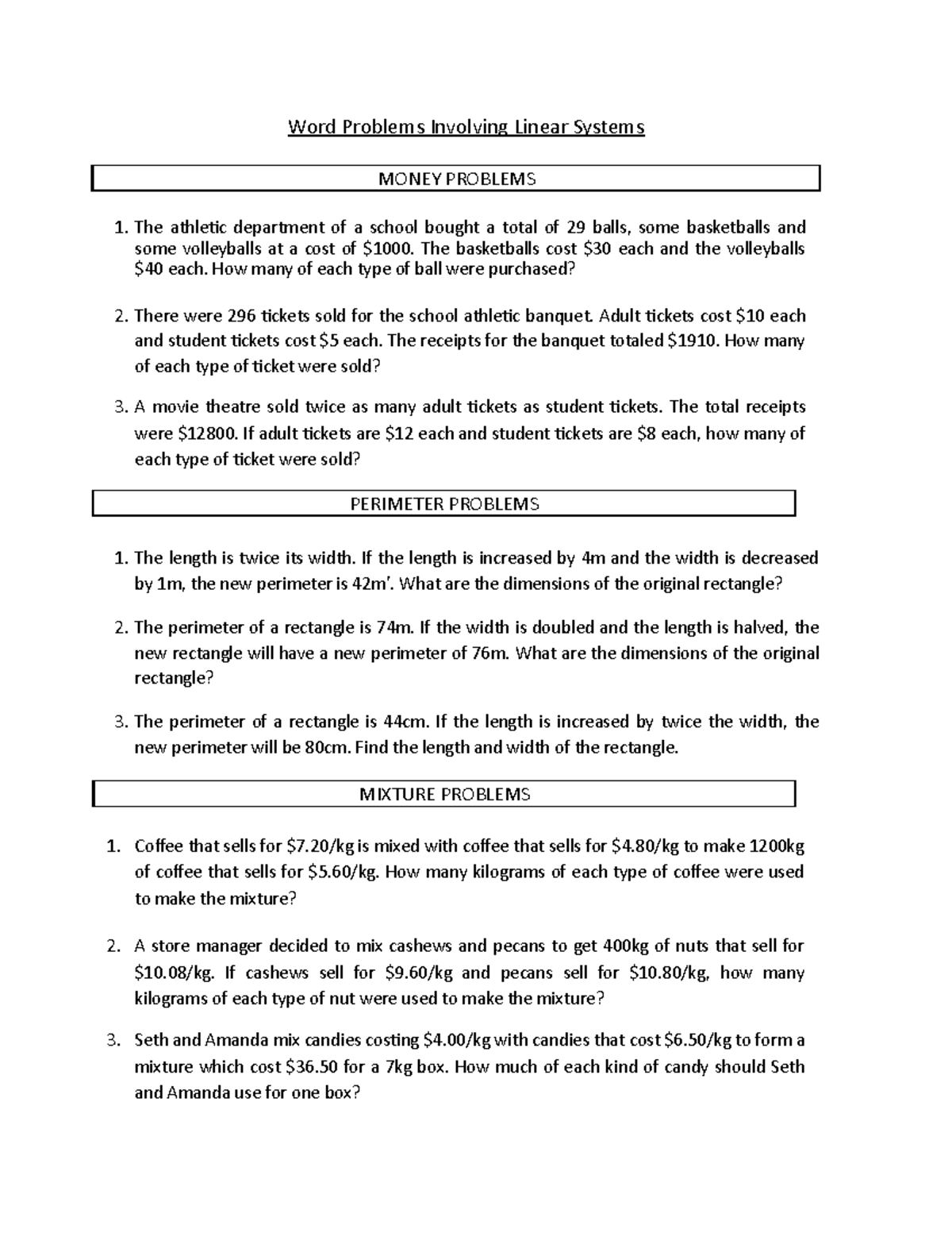 WORD PROBLEMS MATH - Word Problems Involving Linear Systems MONEY ...