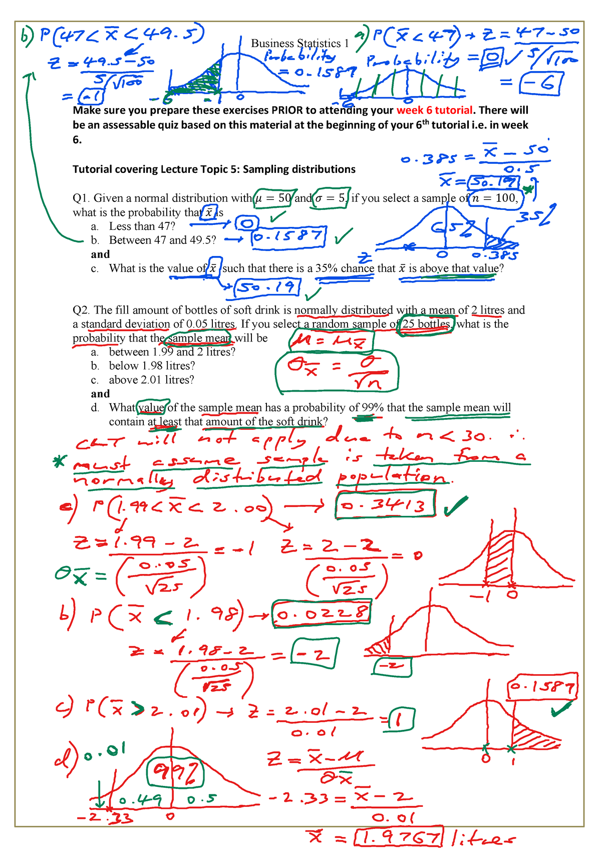 BS - Lecture 5 Tutorial-3 - Business Statistics 1 Make Sure You Prepare ...