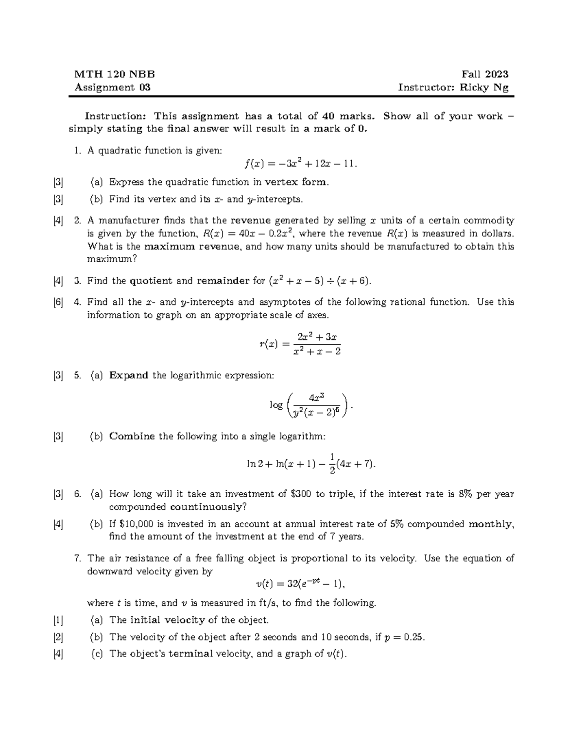 MTH120 Assignment 03 - Mathematics - MTH 120 NBB Fall 2023 Assignment ...