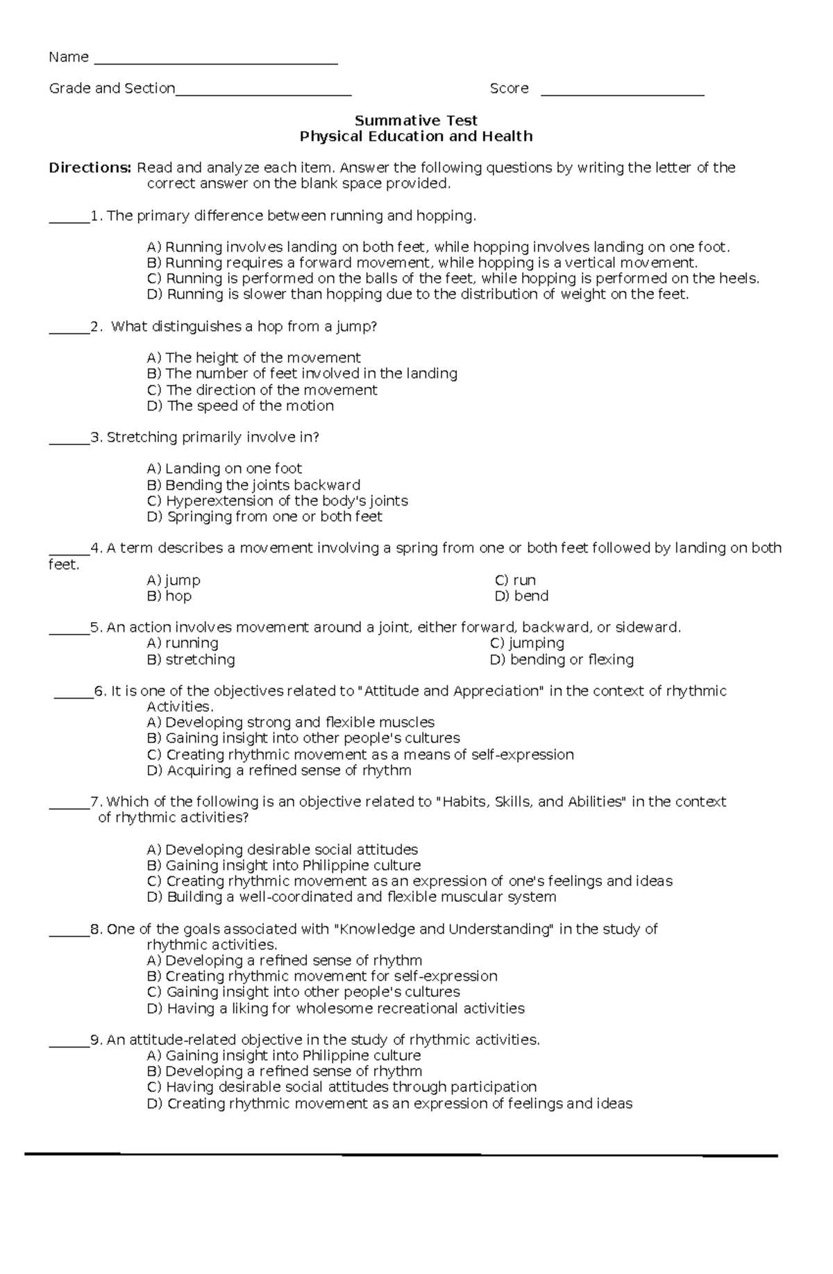 Quarter 3 PEH 12 Summative - Name ...