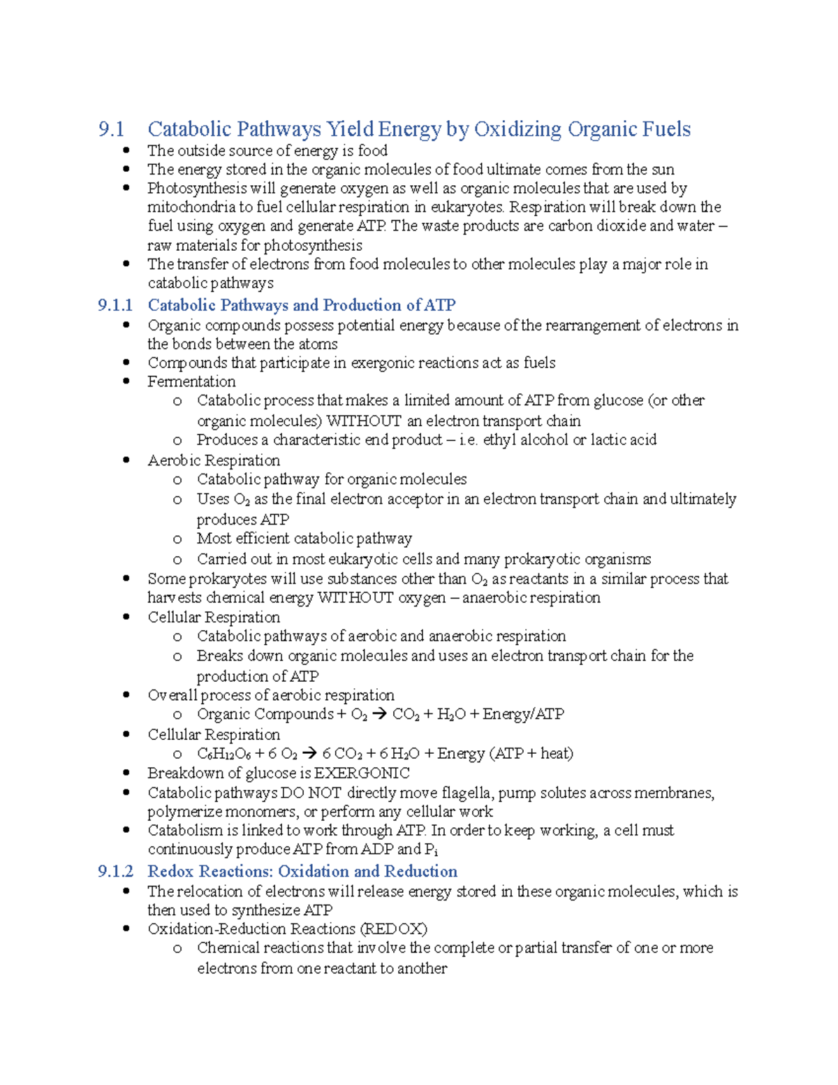 Chapter 9 Notes 9 Catabolic Pathways Yield Energy by Oxidizing