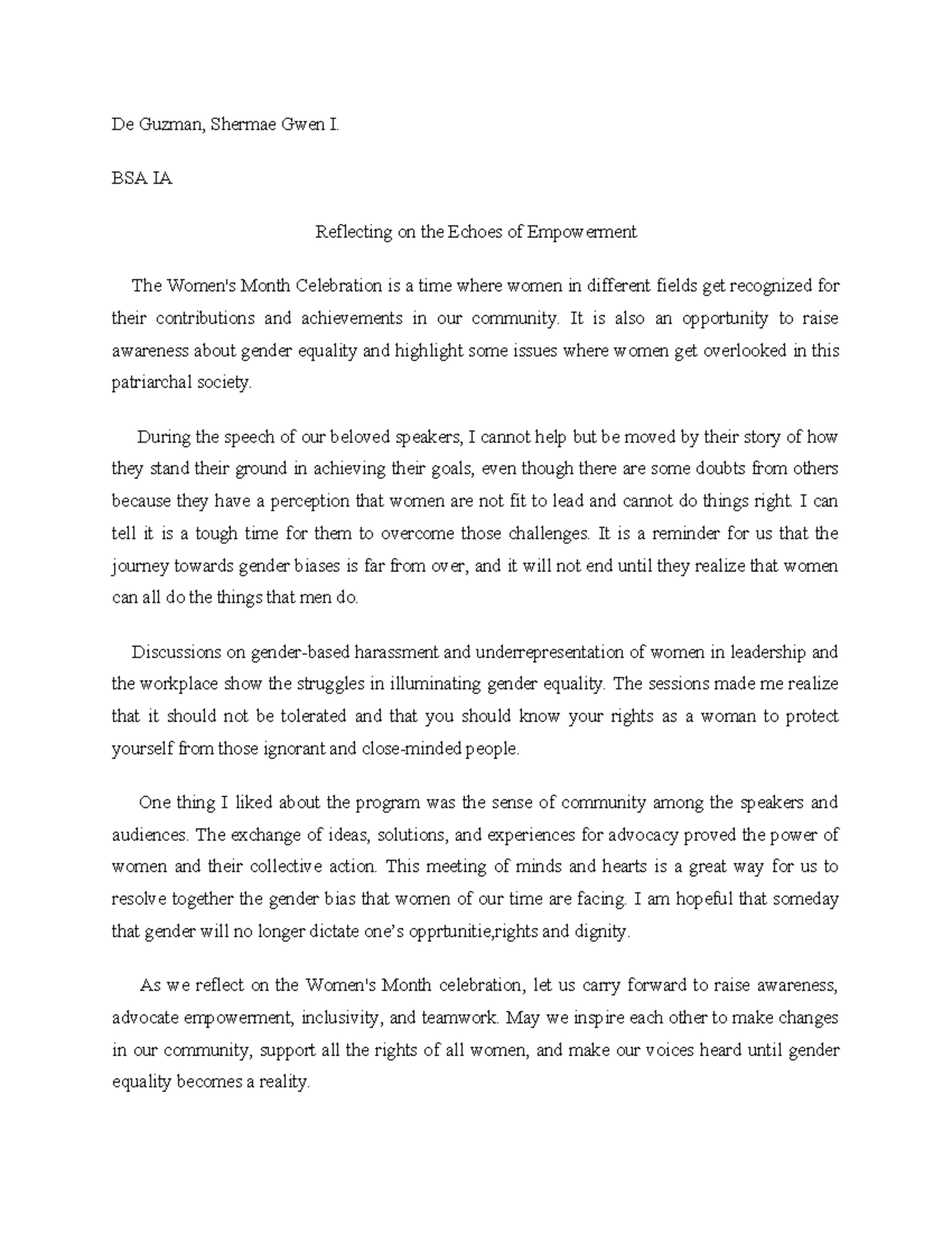 Reflection paper - Gender equality - De Guzman, Shermae Gwen I. BSA IA ...