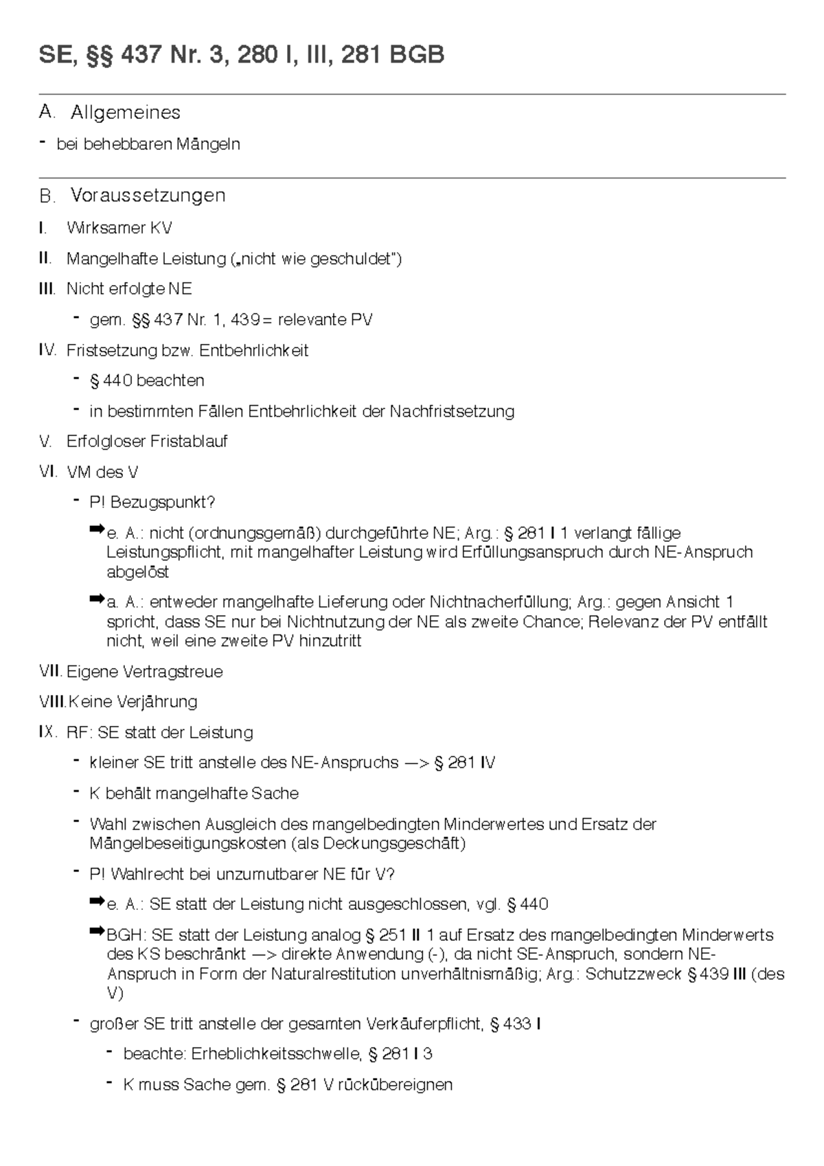 SE 3 - Hemmerskript - SE, 437 Nr. 3, 280 I, 281 BGB A. Allgemeines Bei ...