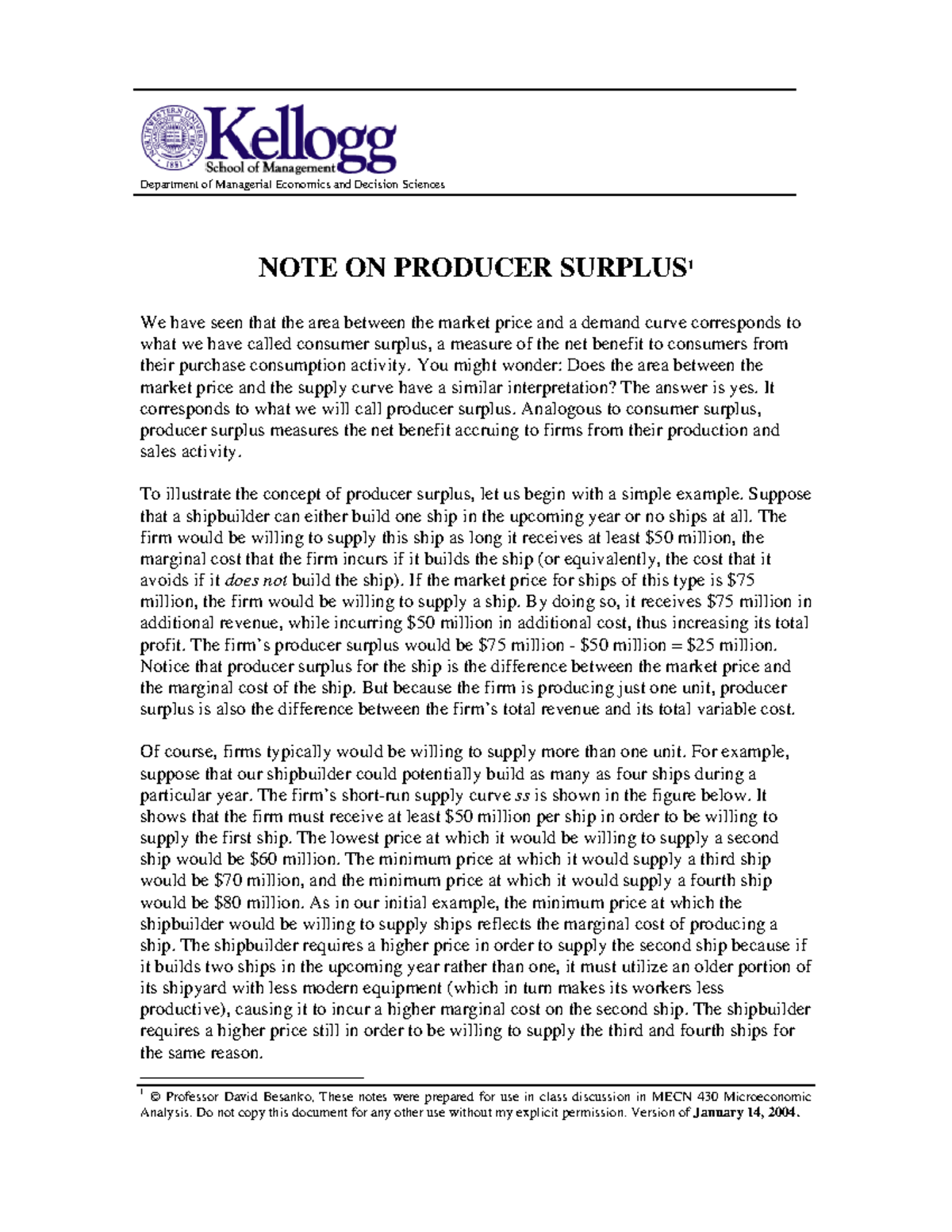 Note on Producer Surplus Department of Managerial Economics and