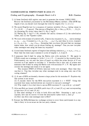 Coding and Cryptography 2016-2017 Example Sheet 3 - MATHEMATICAL TRIPOS ...