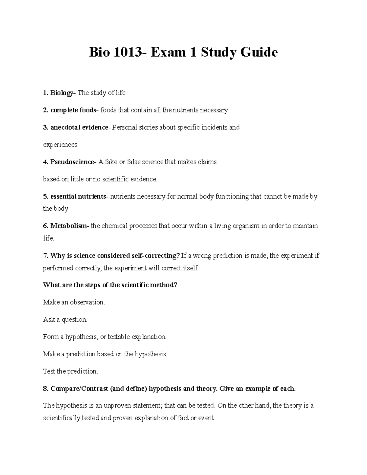 Bio 1013- Exam 1 Study Guide - Bio 1013- Exam 1 Study Guide Biology ...