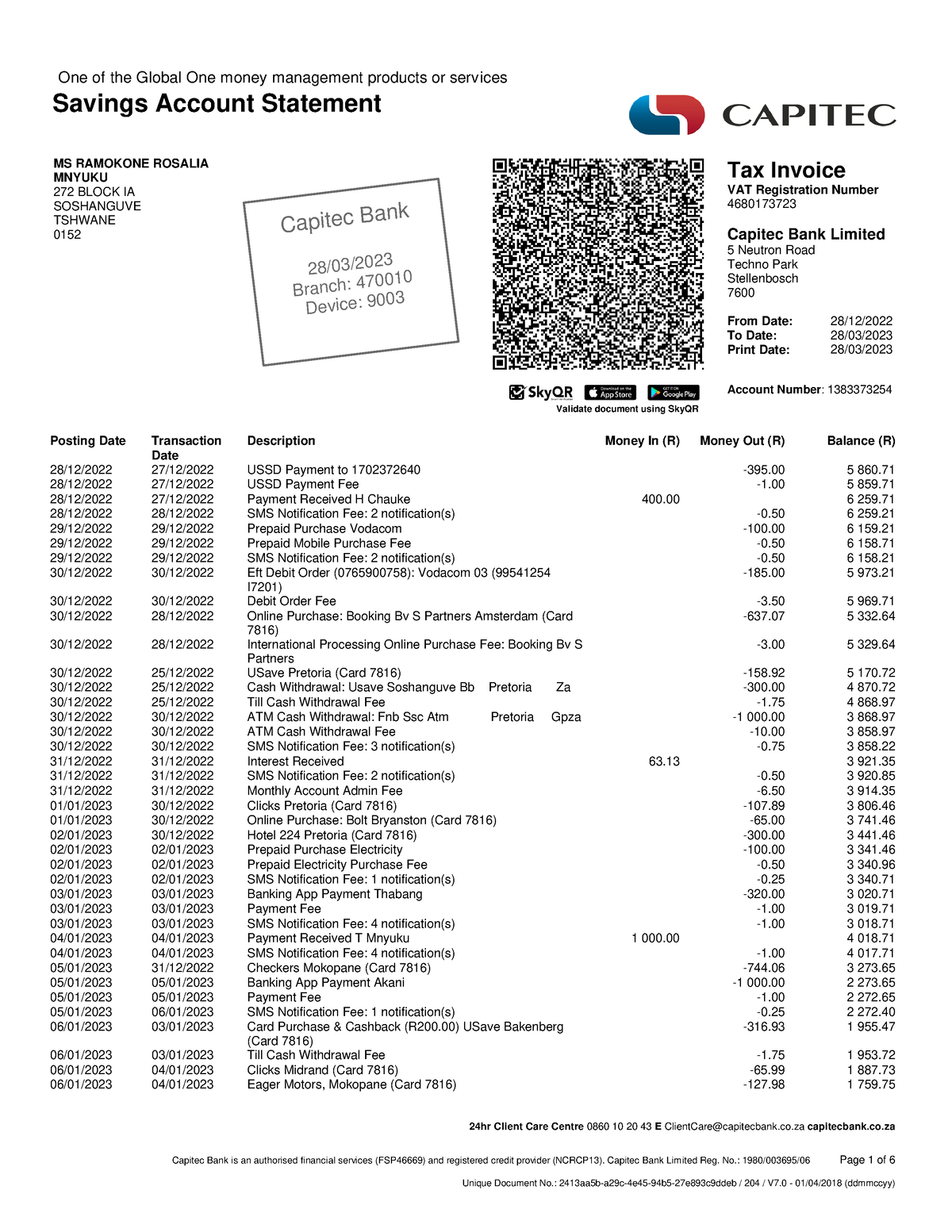 Account statement[ 503] - 24hr Client Care Centre 0860 10 20 43 E ...