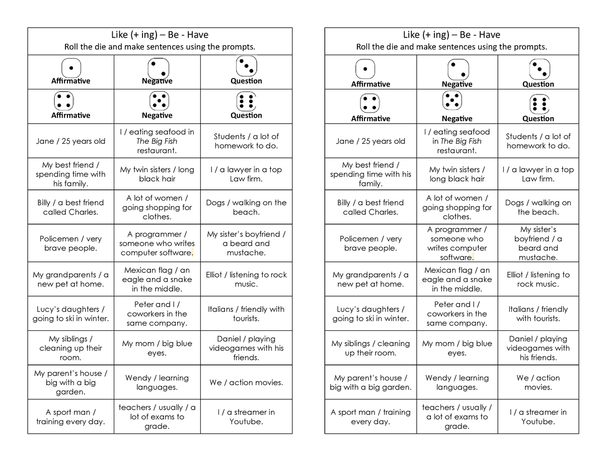 Activity conjugation verb like be have - Like (+ ing) – Be - Have Roll ...