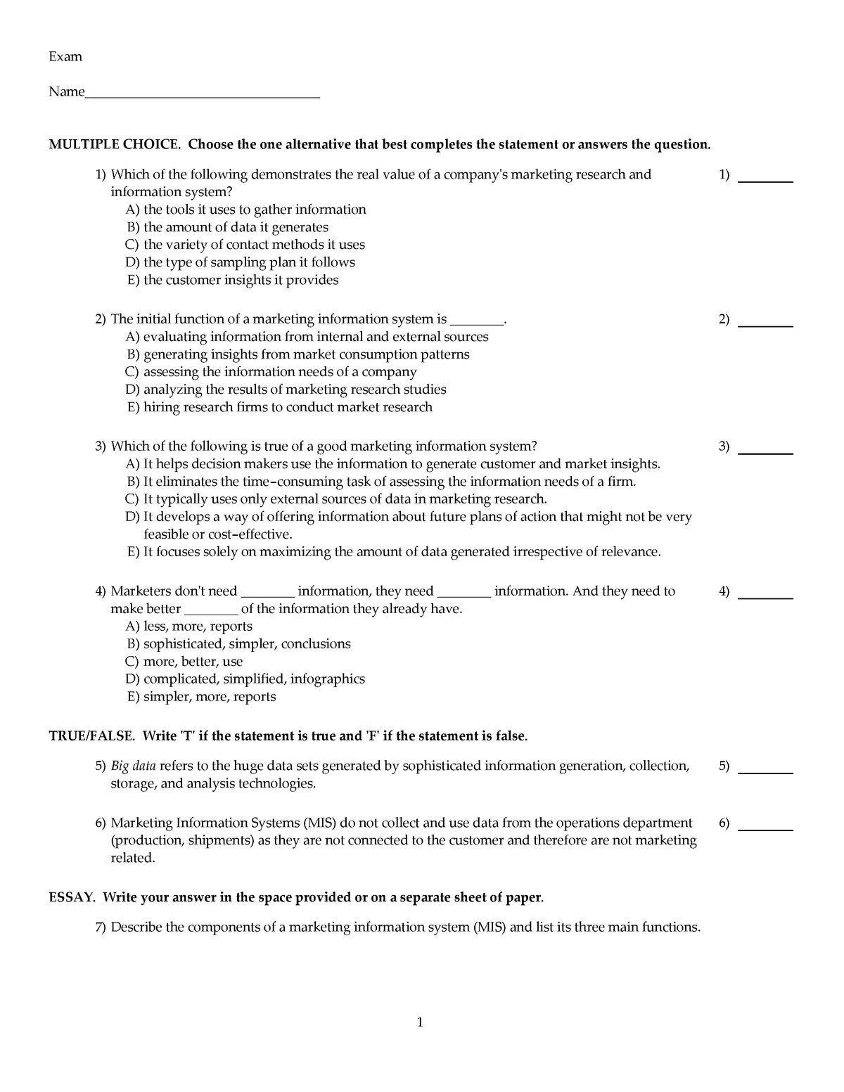 Chapter 4 Multiple choice and short questions - Exam Name