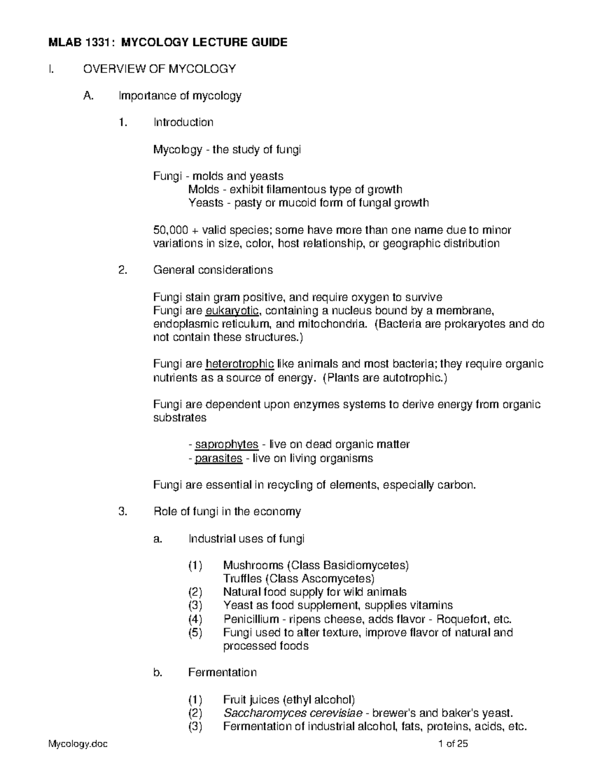 Mycology Notes 1 - 2021 - MLAB 1331: MYCOLOGY LECTURE GUIDE I. OVERVIEW ...