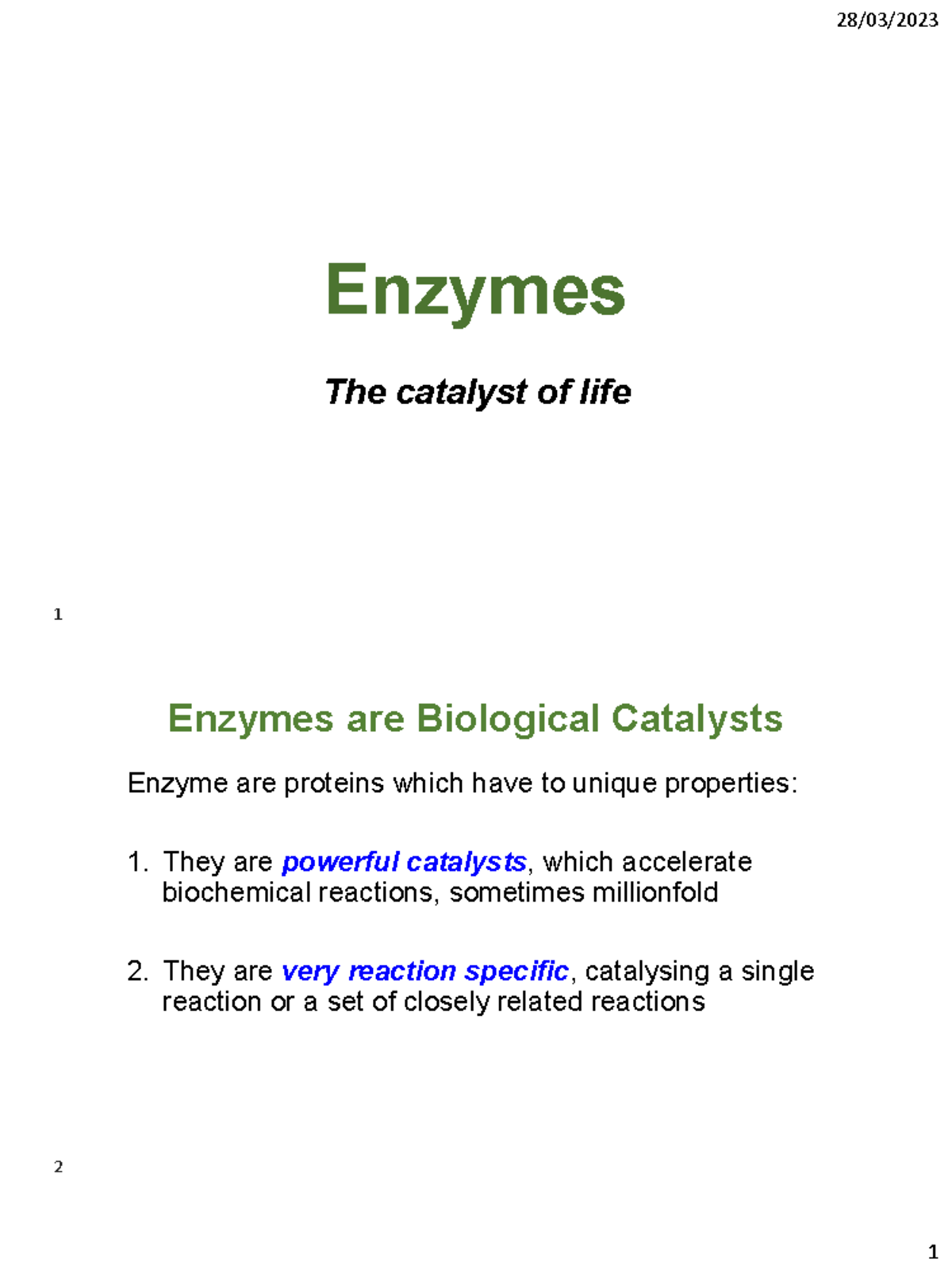 BIO211 -Lec 08 - Enzymes I - Properties And Kinetics - Notes - Enzymes ...