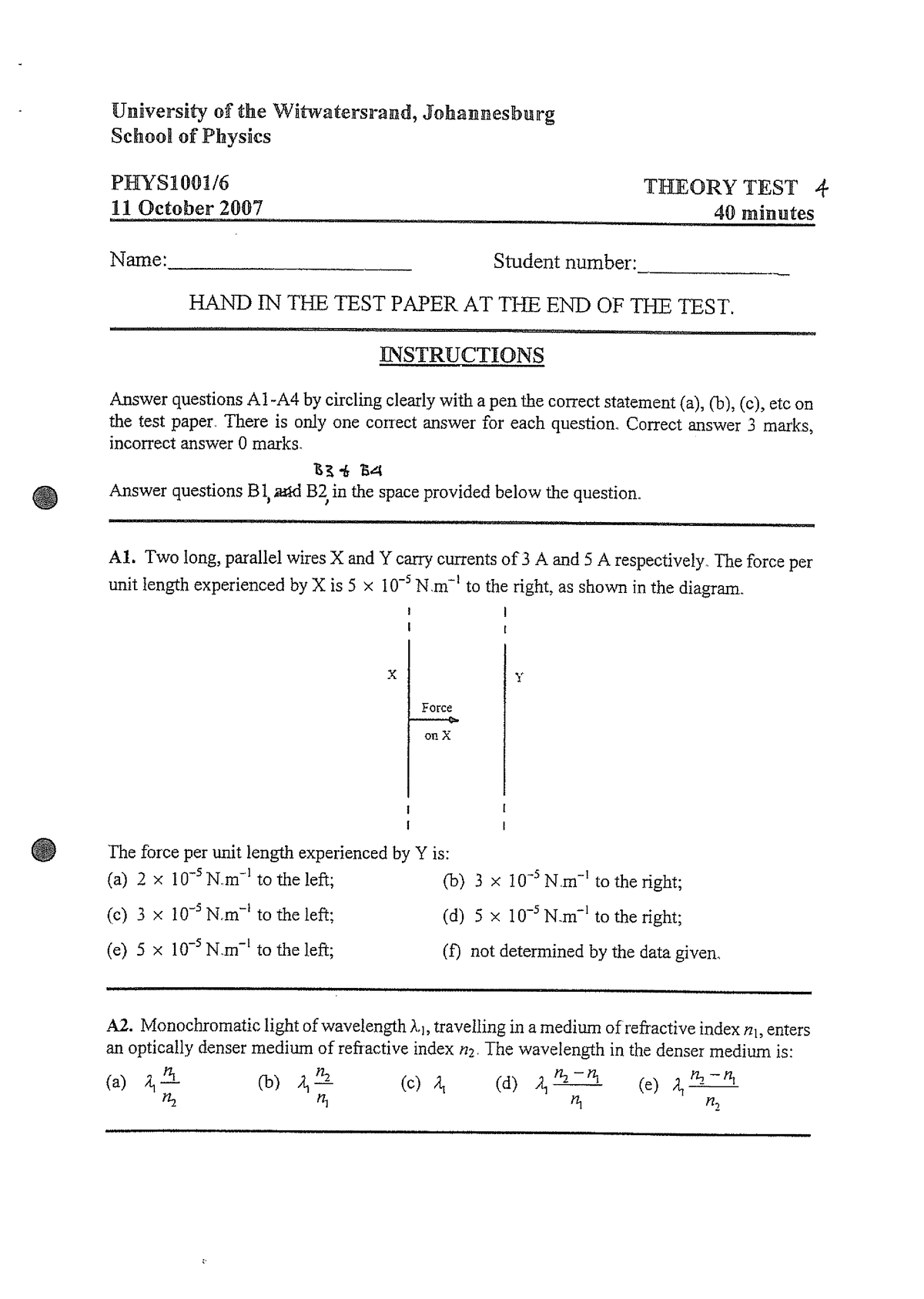 Phys 1001-6 Theory Test 4 2007 - PHYS1001 - Studocu