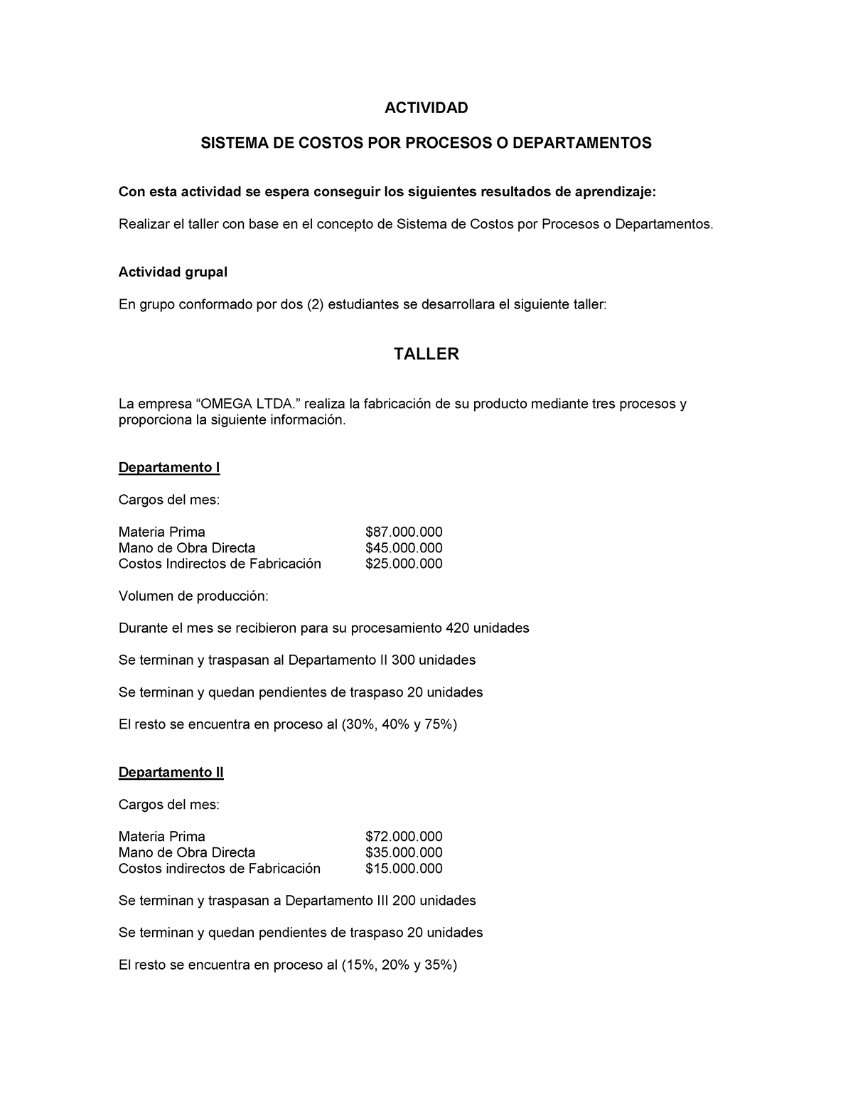 Actividad 2 - ACTIVIDAD SISTEMA DE COSTOS POR PROCESOS O DEPARTAMENTOS ...