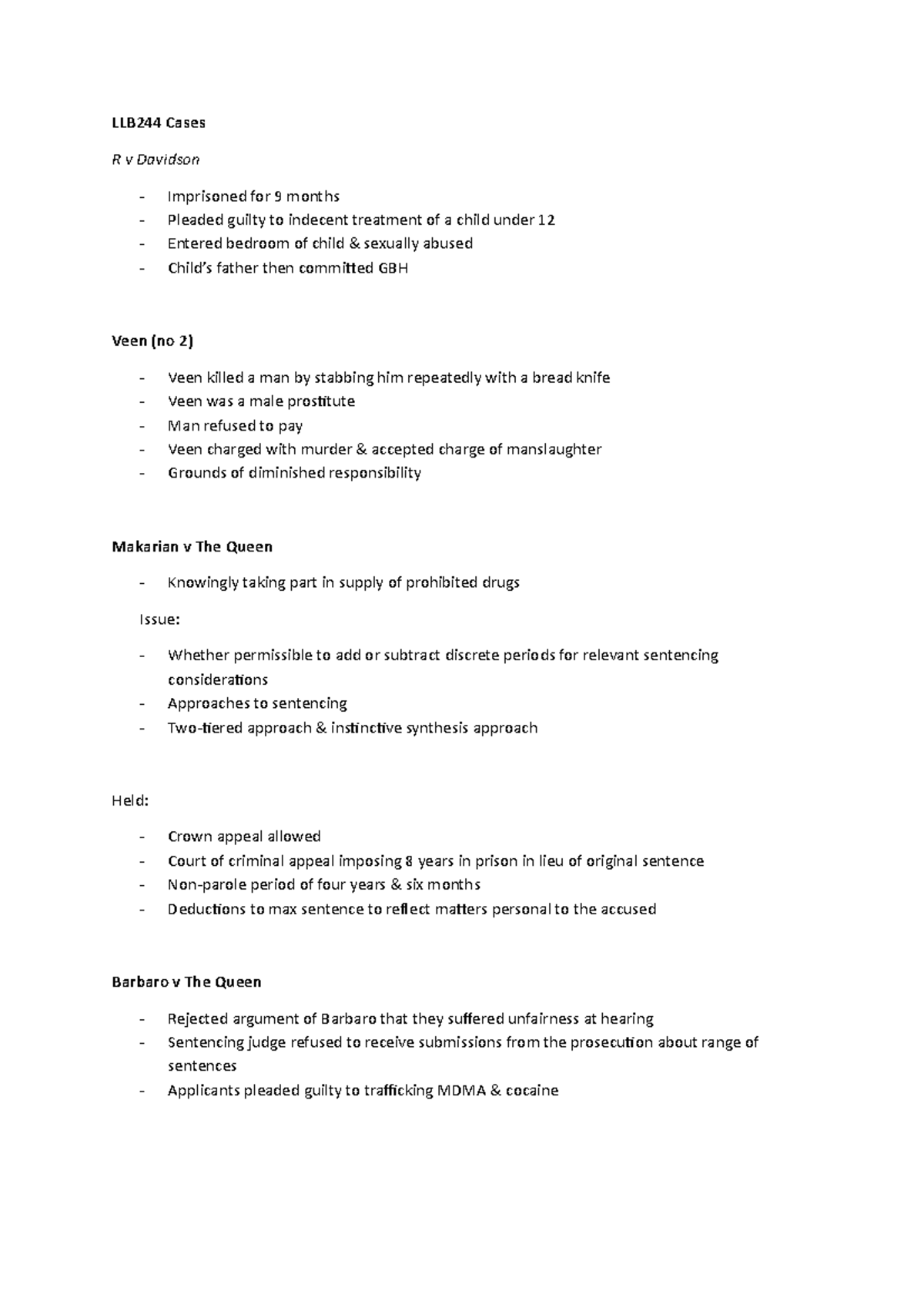 LLB244 Cases - Case summaries - LLB244 Cases R v Davidson - Imprisoned ...