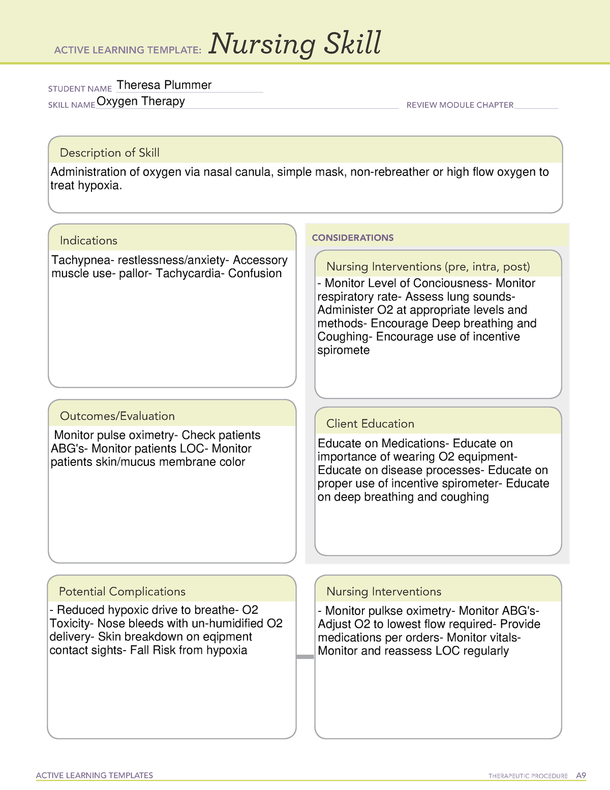 Nursing Skill Oxygen therapy ACTIVE LEARNING TEMPLATES THERAPEUTIC