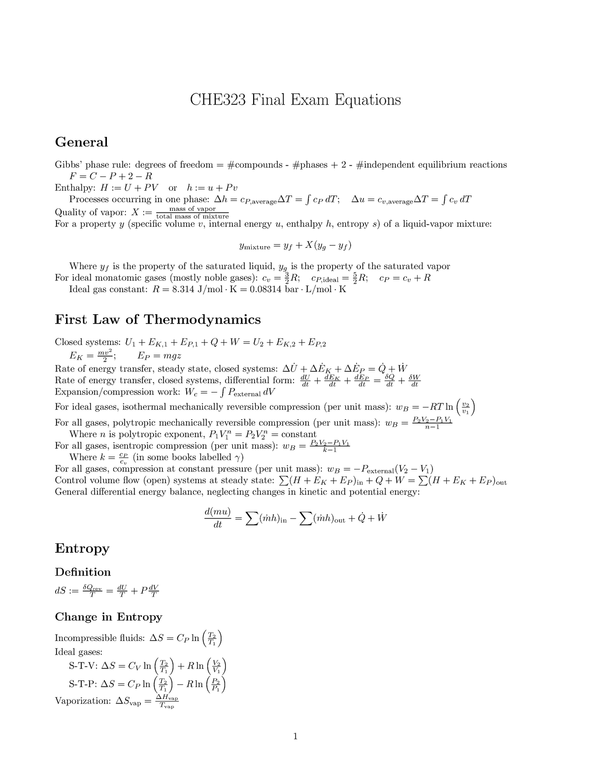 Final Exam Formulas Che323h1 U Of T Studocu