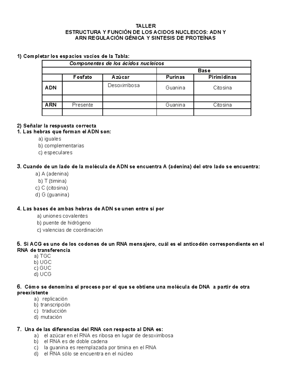 Taller-estructura-y-funcion-de-los-acidos-nucleicos-ADN Y ARN - TALLER ...