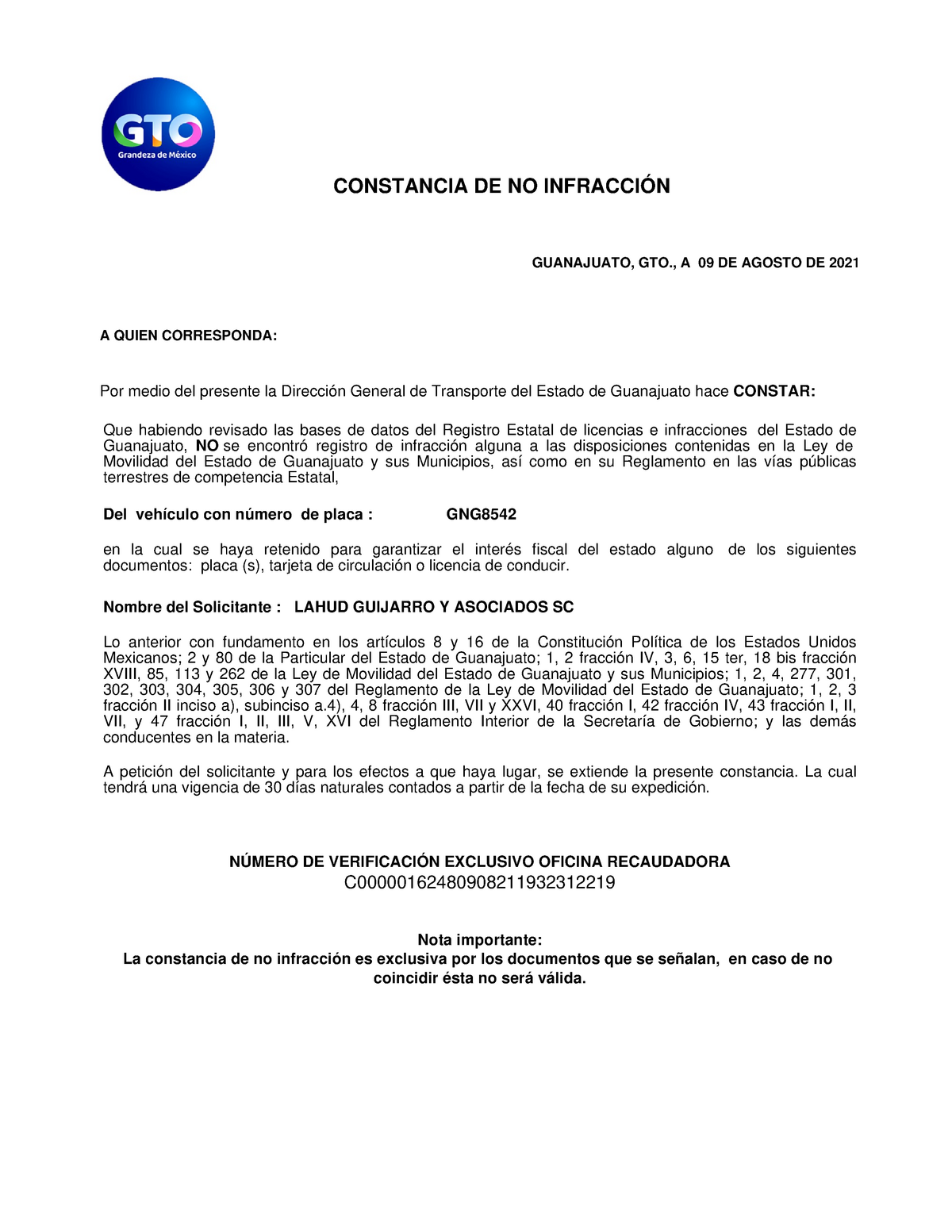 Documentos Baja Placa Gng8542 Constancia De No InfracciÓn Guanajuato Gto A 09 De Agosto De 6195