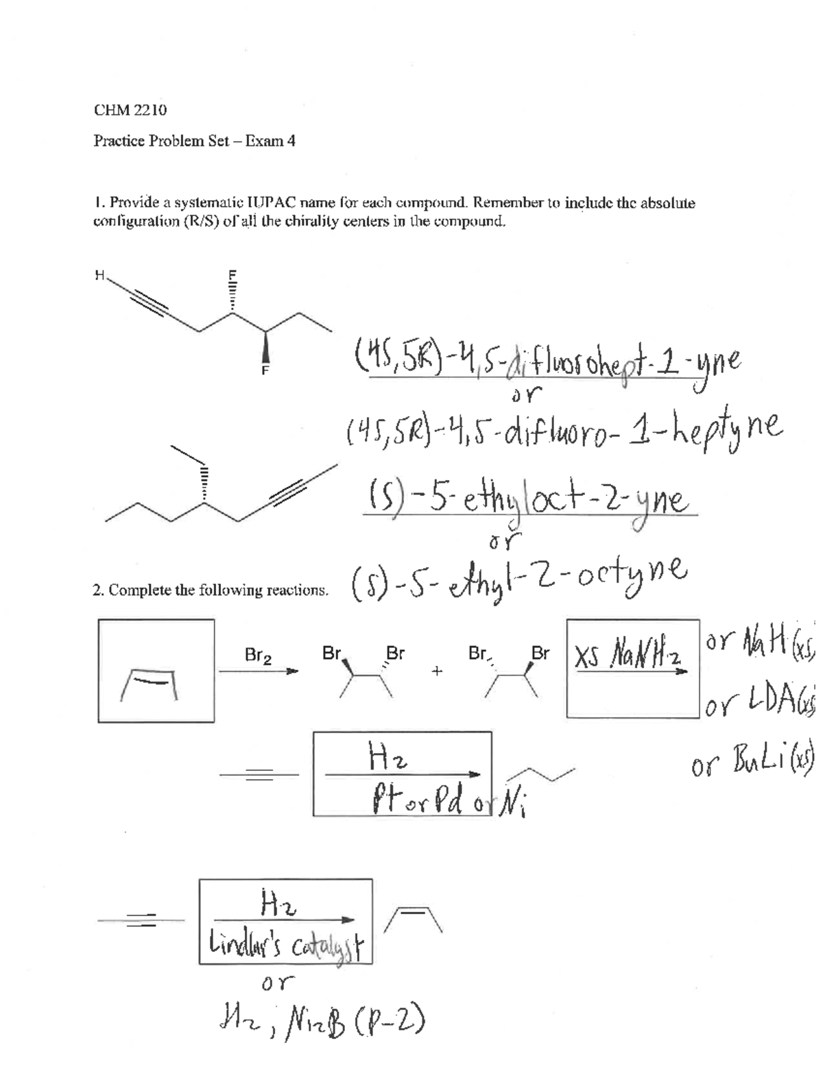 Practice Problem Set - Chapters 9, 10 & 11 KEY - CHM 2210 Practice ...