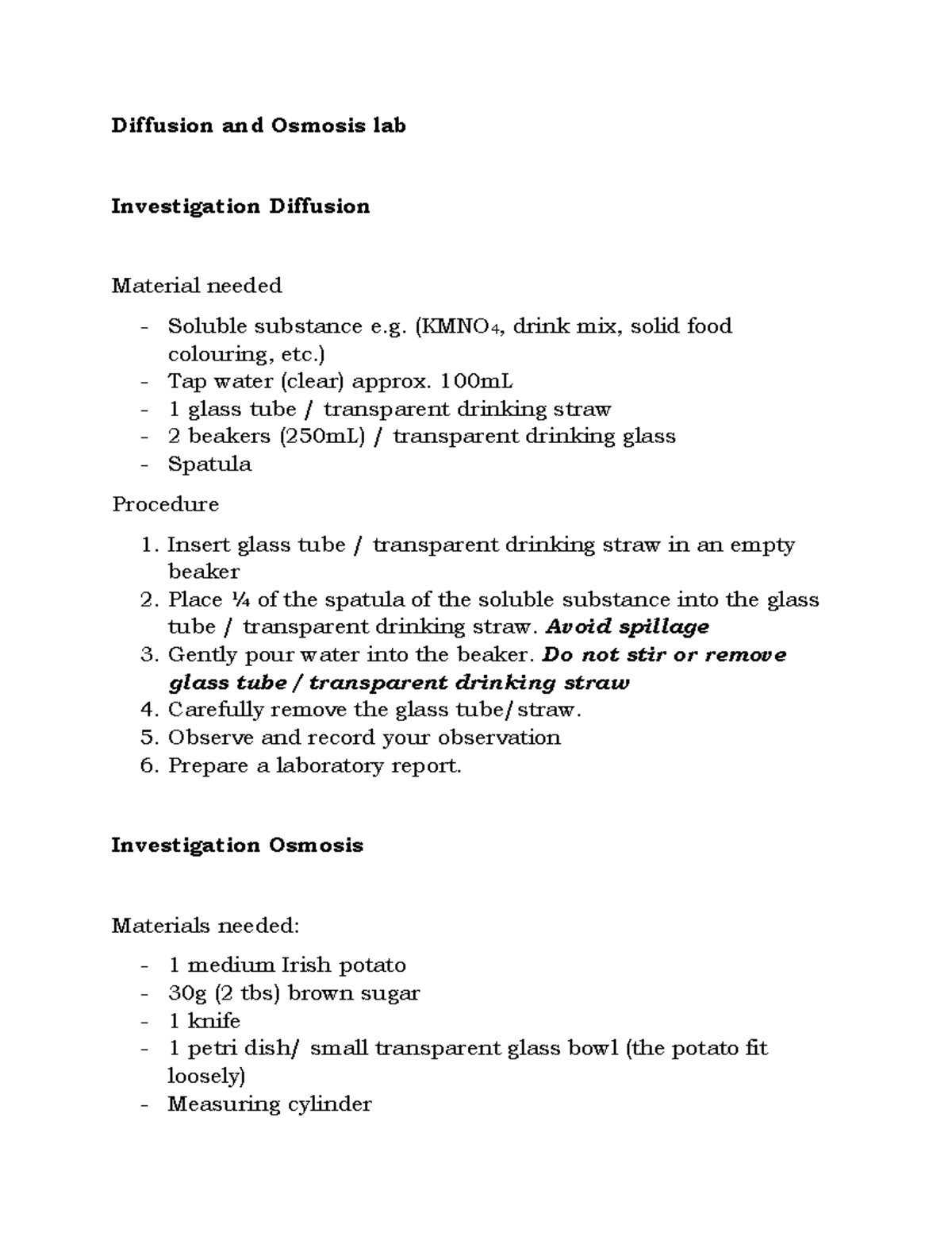 Diffusion and Osmosis lab Diffusion and Osmosis lab Investigation