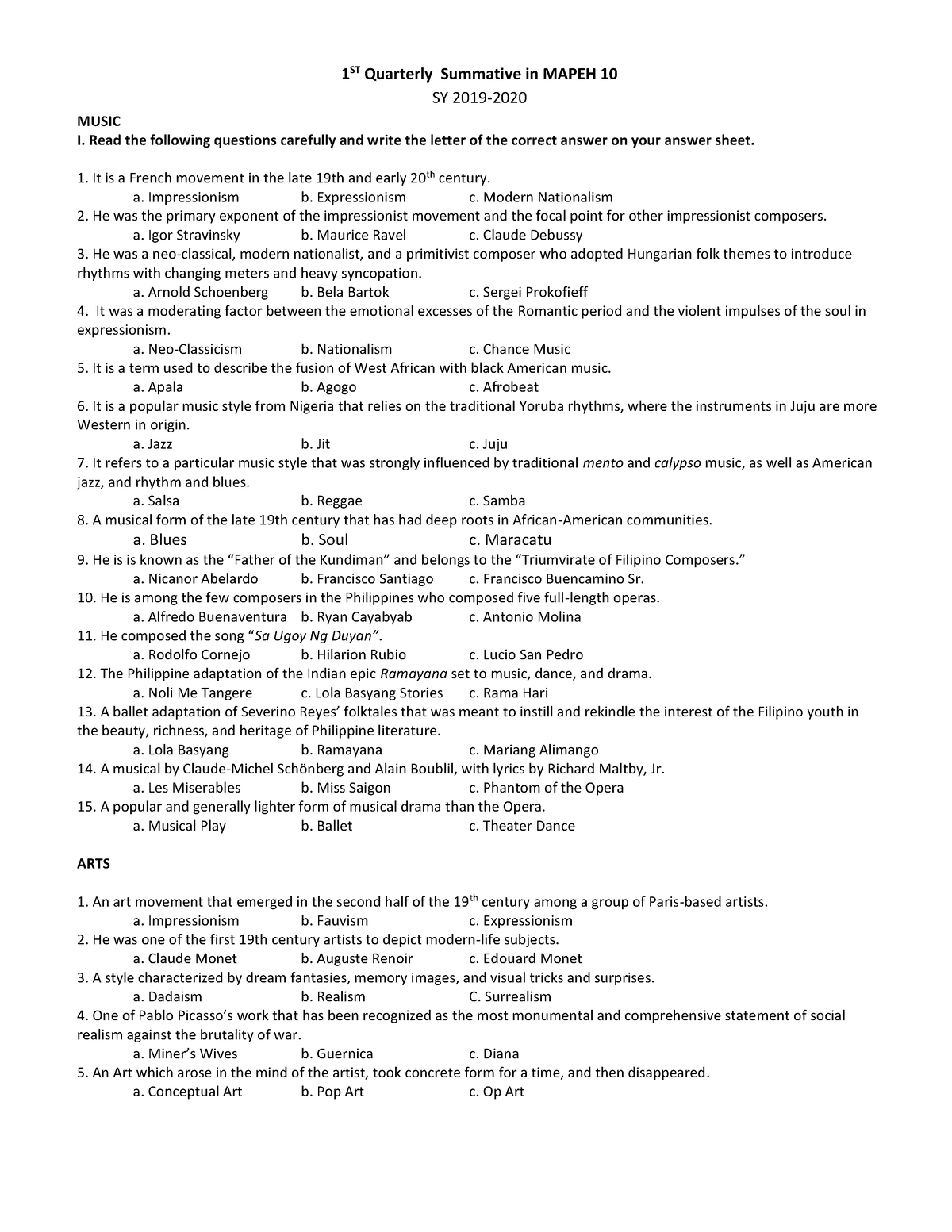 Periodical Test Mapeh 10 (1sf Quarter) - 1 ST Quarterly Summative In ...