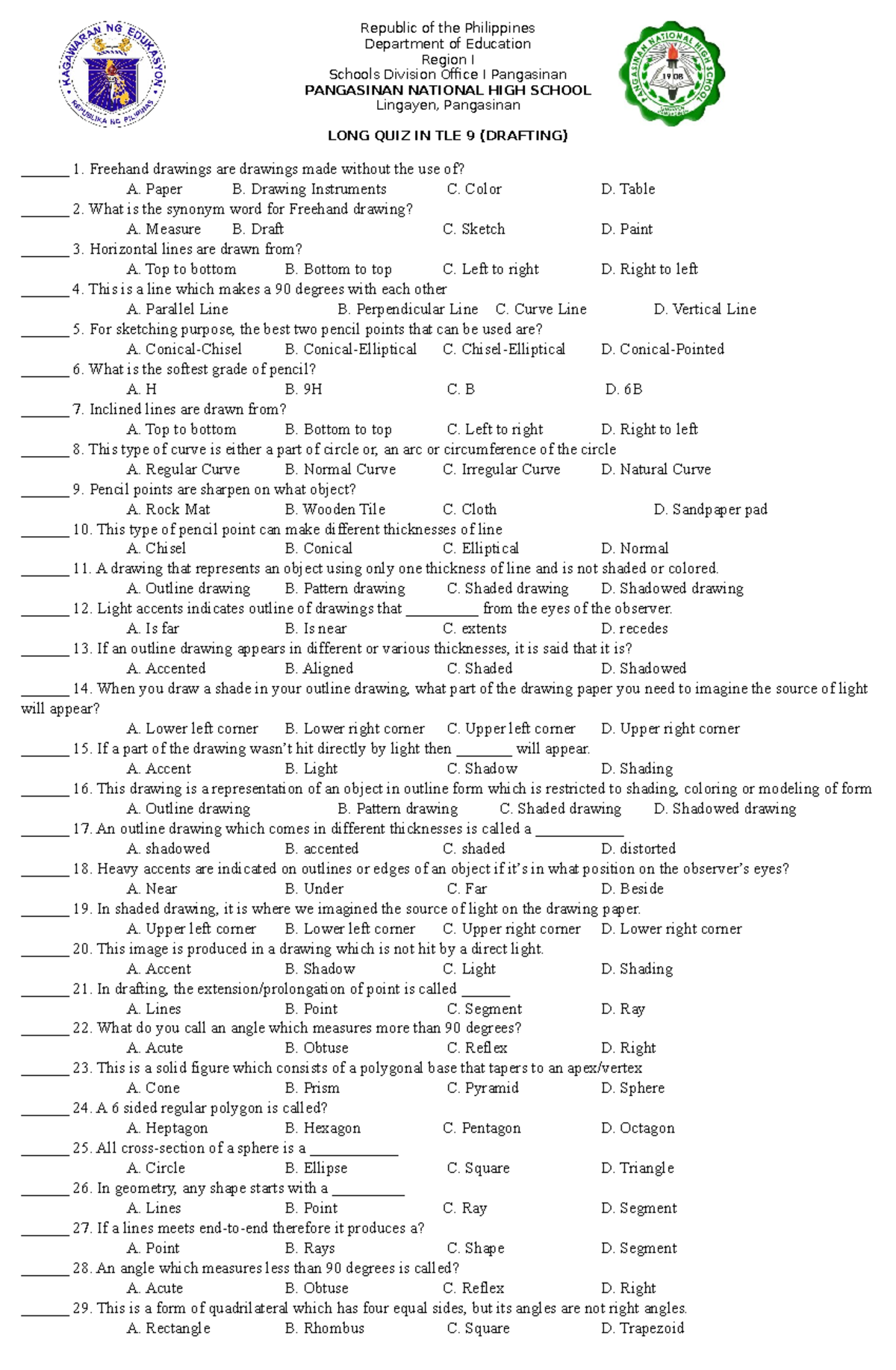 Long Quiz Quiz Republic Of The Philippines Department Of Education