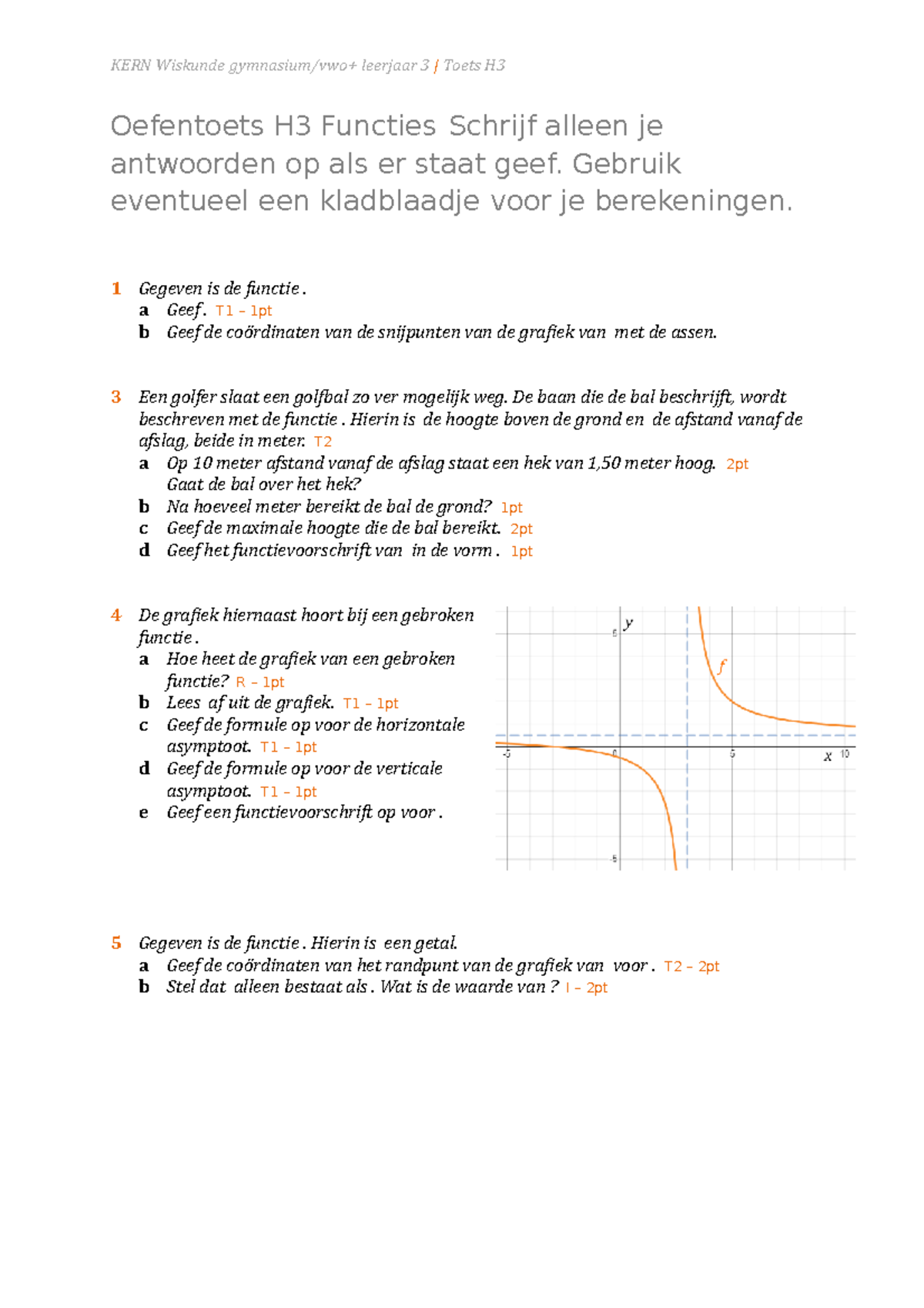 3VG Toets Incl Antwoorden H3 - Oefentoets H3 Functies Schrijf Alleen Je ...