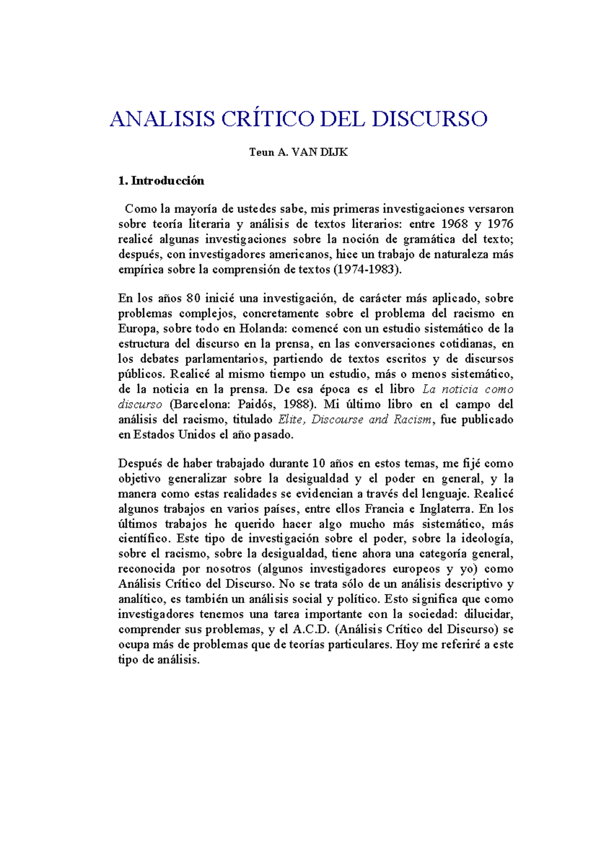 Analisi Critico Discurso Analisis CrÍtico Del Discurso Teun A Van