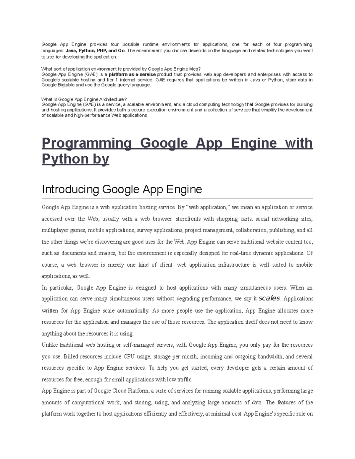 Programming envioemnet - Google App Engine provides four possible ...
