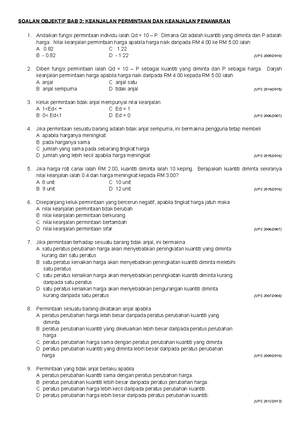 Soalan Objektif BAB 3 Keanjalan Permintaan DAN Keanjalan Penawaran 
