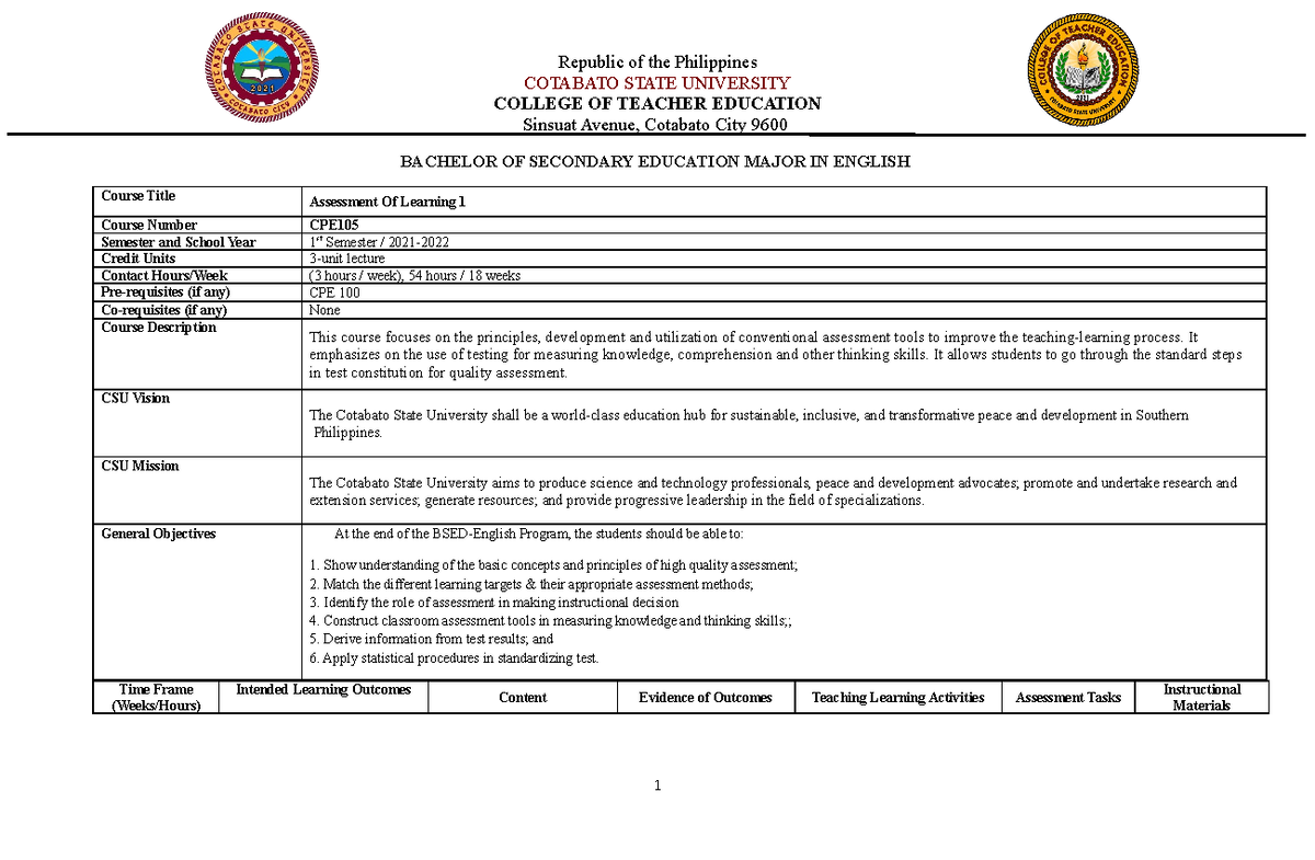 Syllabus- Bayao & Salonoy - COTABATO STATE UNIVERSITY COLLEGE OF ...