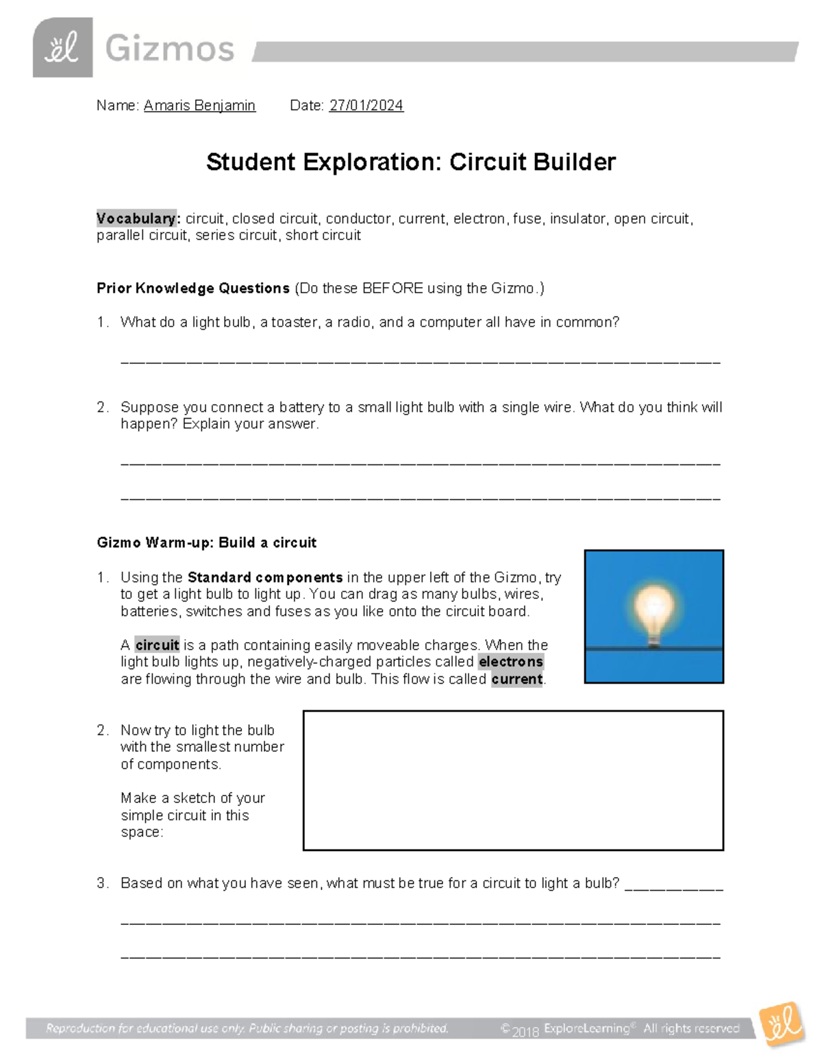 Circuit Builder SE - general physics 2 lab on gizmo - Name: Amaris ...