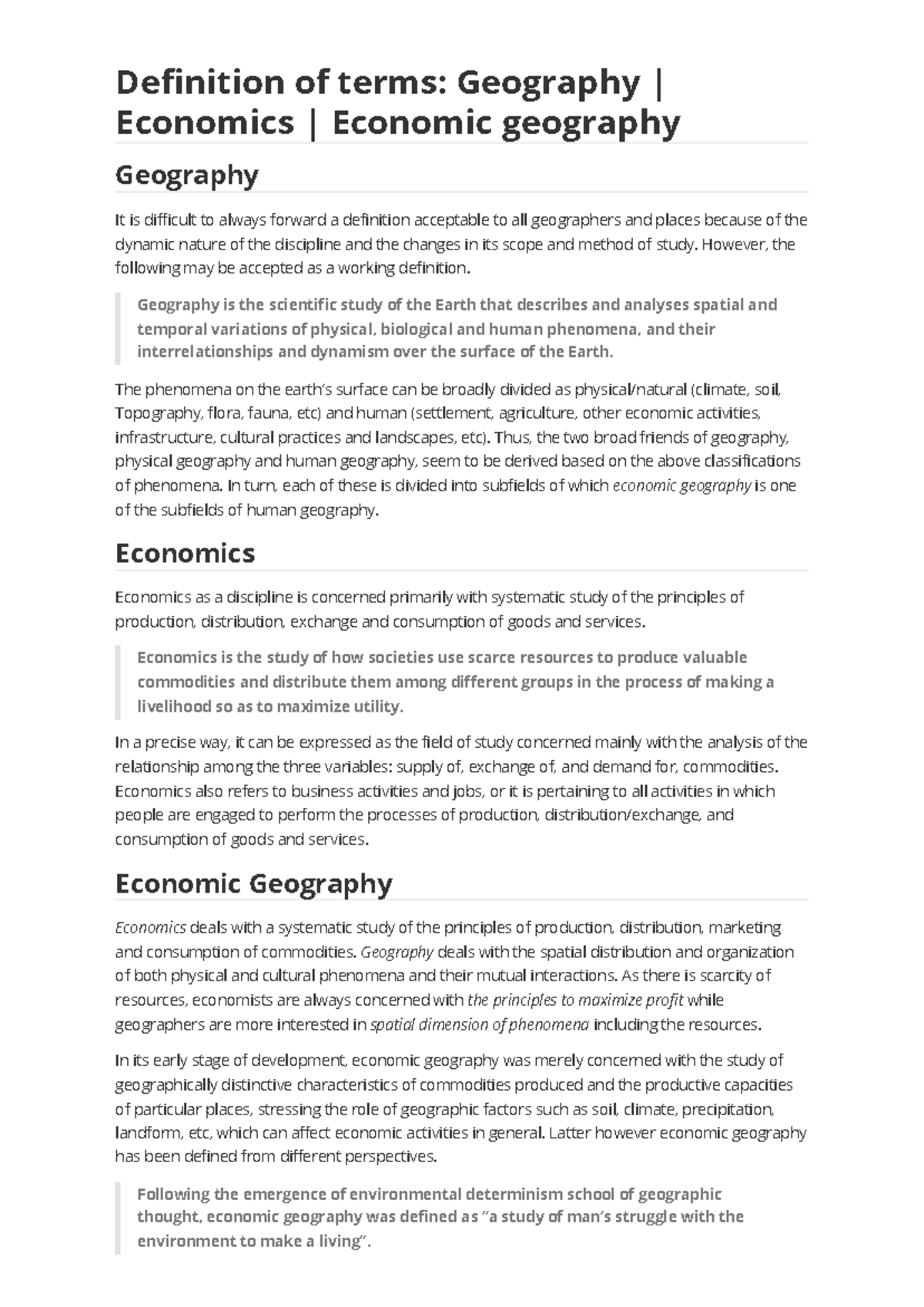 Economic geography Unit 1 - Definition of terms: Geography | Economics ...