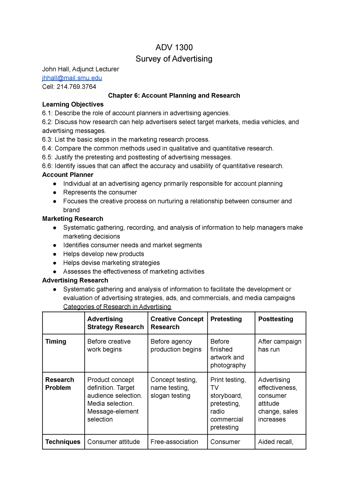 Class Notes - ADV 1300 Prof. John Hall Fall 2018 - ADV 1300 Survey of ...