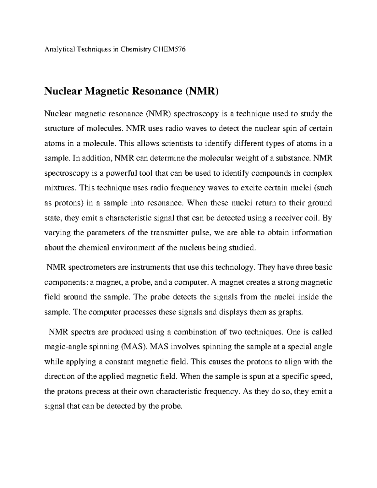 NMR spectroscopy notes - Analytical Techniques in Chemistry CHEM ...