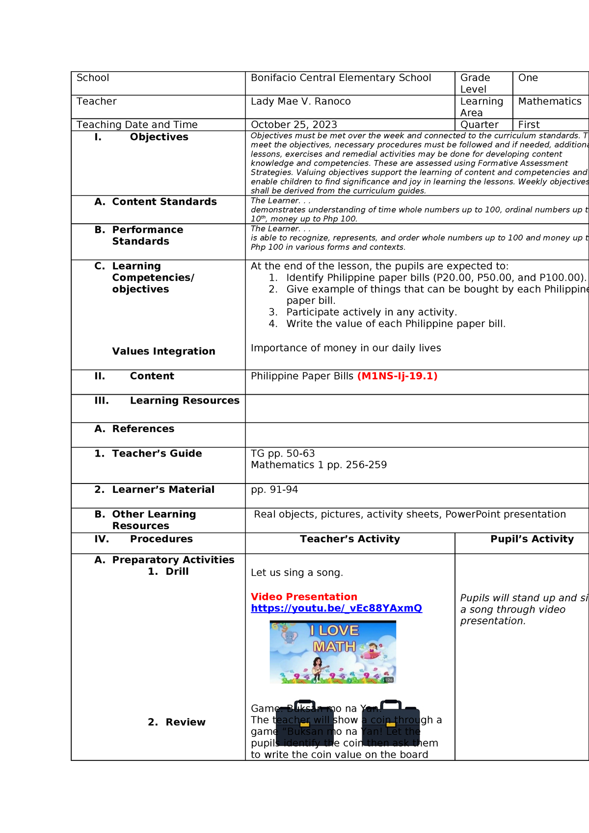 Lesson plan in Math - School Bonifacio Central Elementary School Grade ...